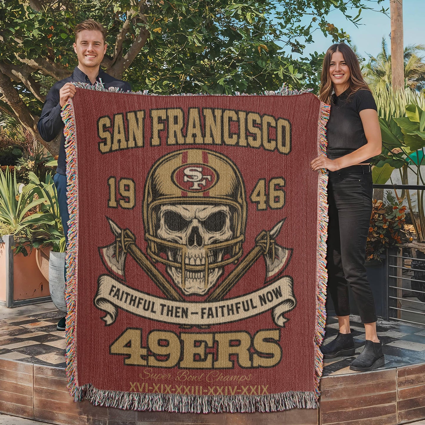 San Francisco 49ers Woven Blanket – “Faithful Then, Faithful Now” Vintage Skull Design