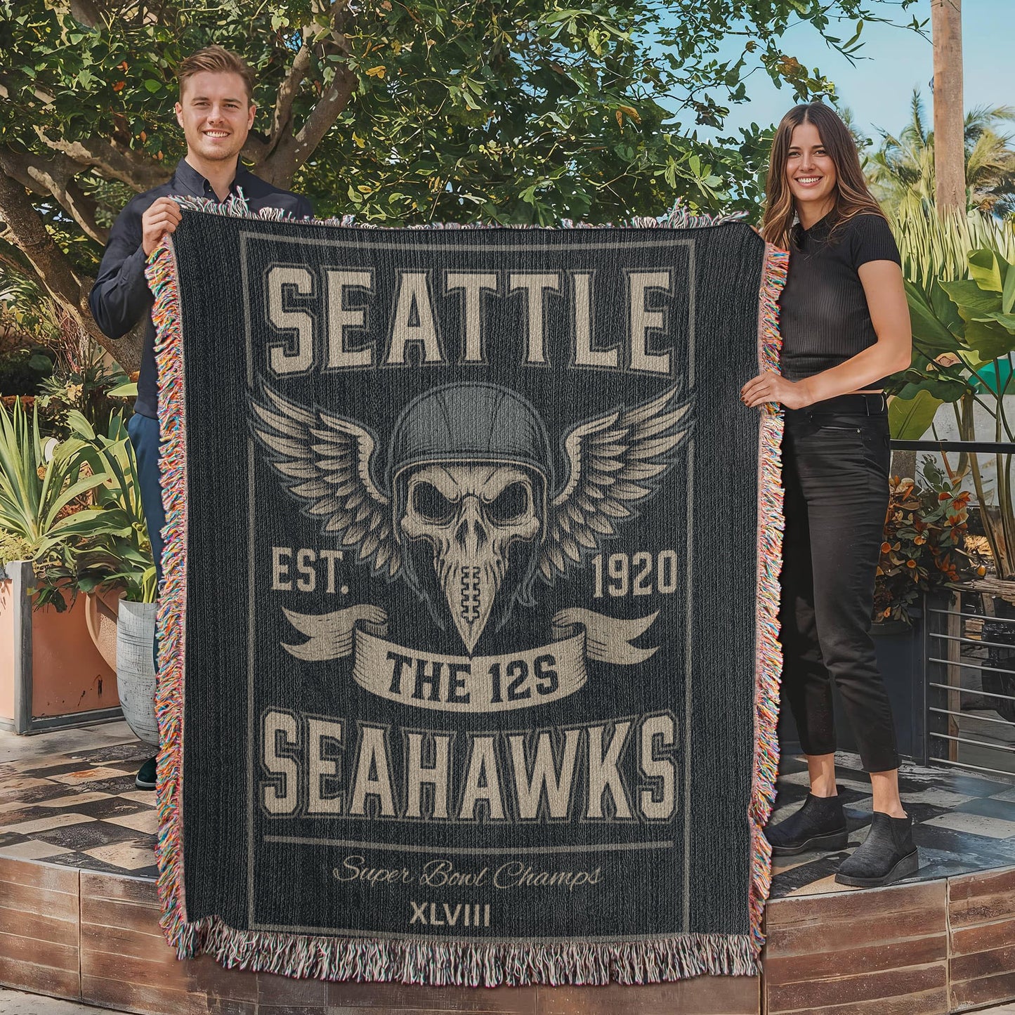 Seattle Seahawks Woven Blanket – “The 12s” Vintage Skull Wings Design