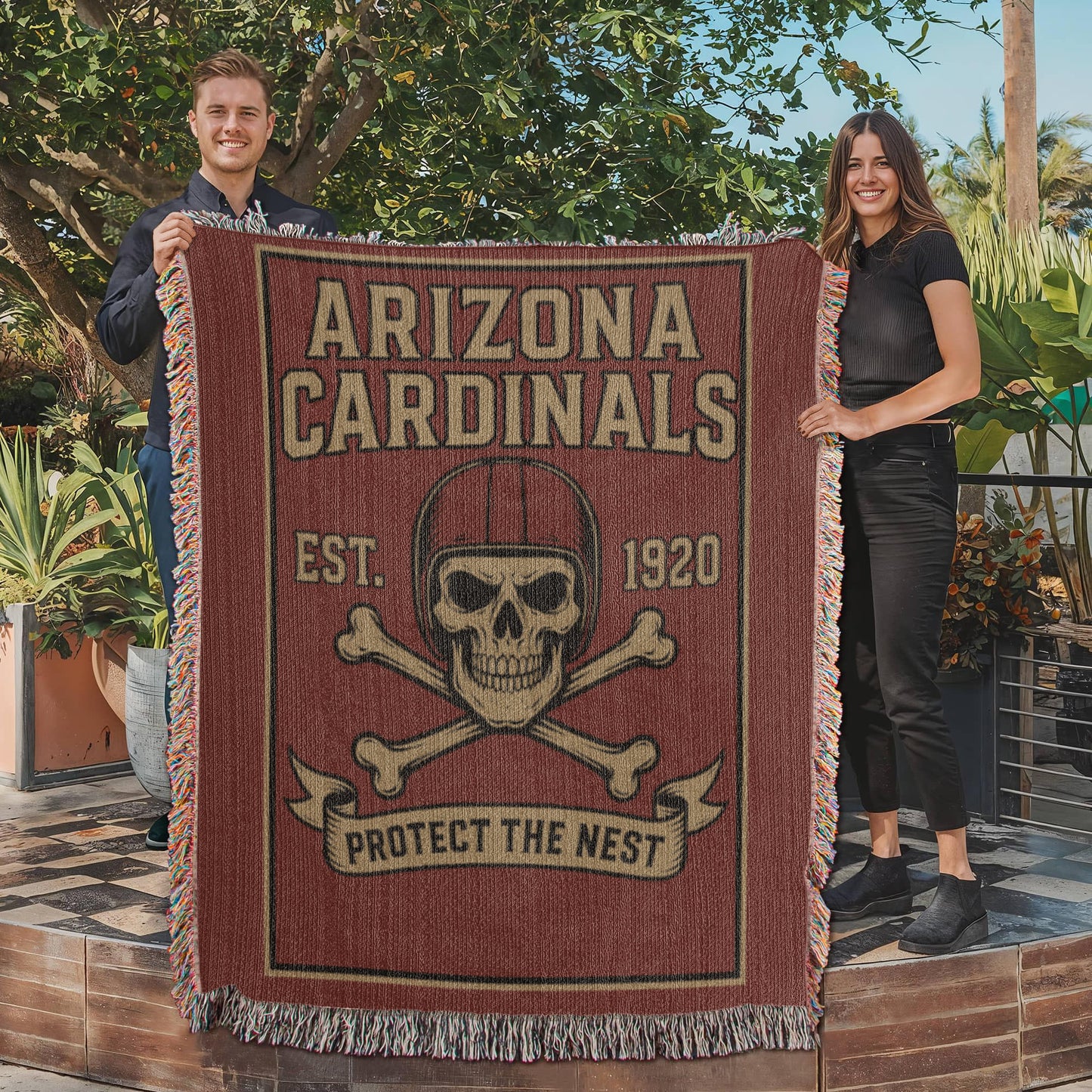 Arizona Cardinals Woven Blanket – “Protect The Nest” Vintage Skull Design