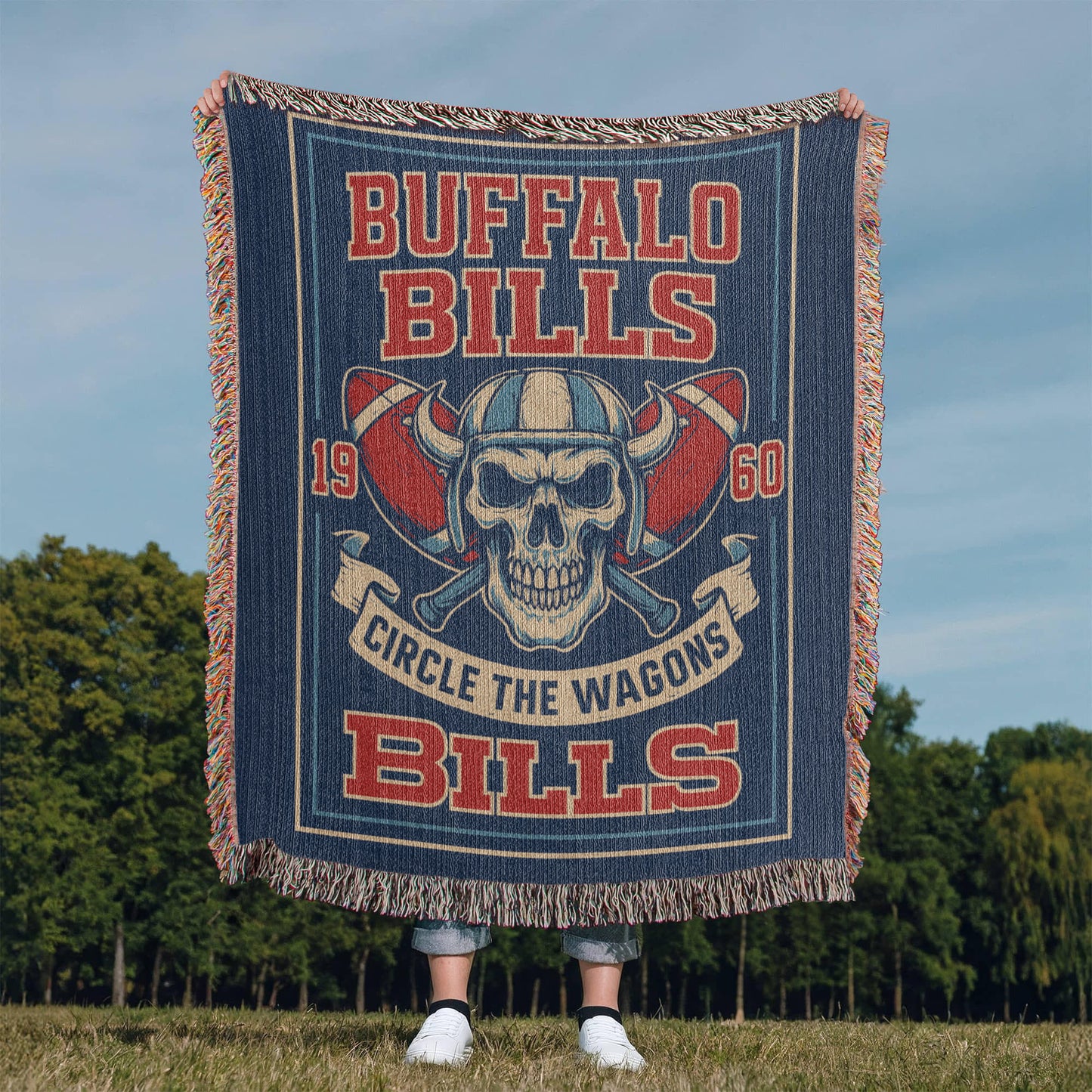 Buffalo Bills Woven Blanket | Circle the Wagons Skull Football Throw | Vintage Red & Blue