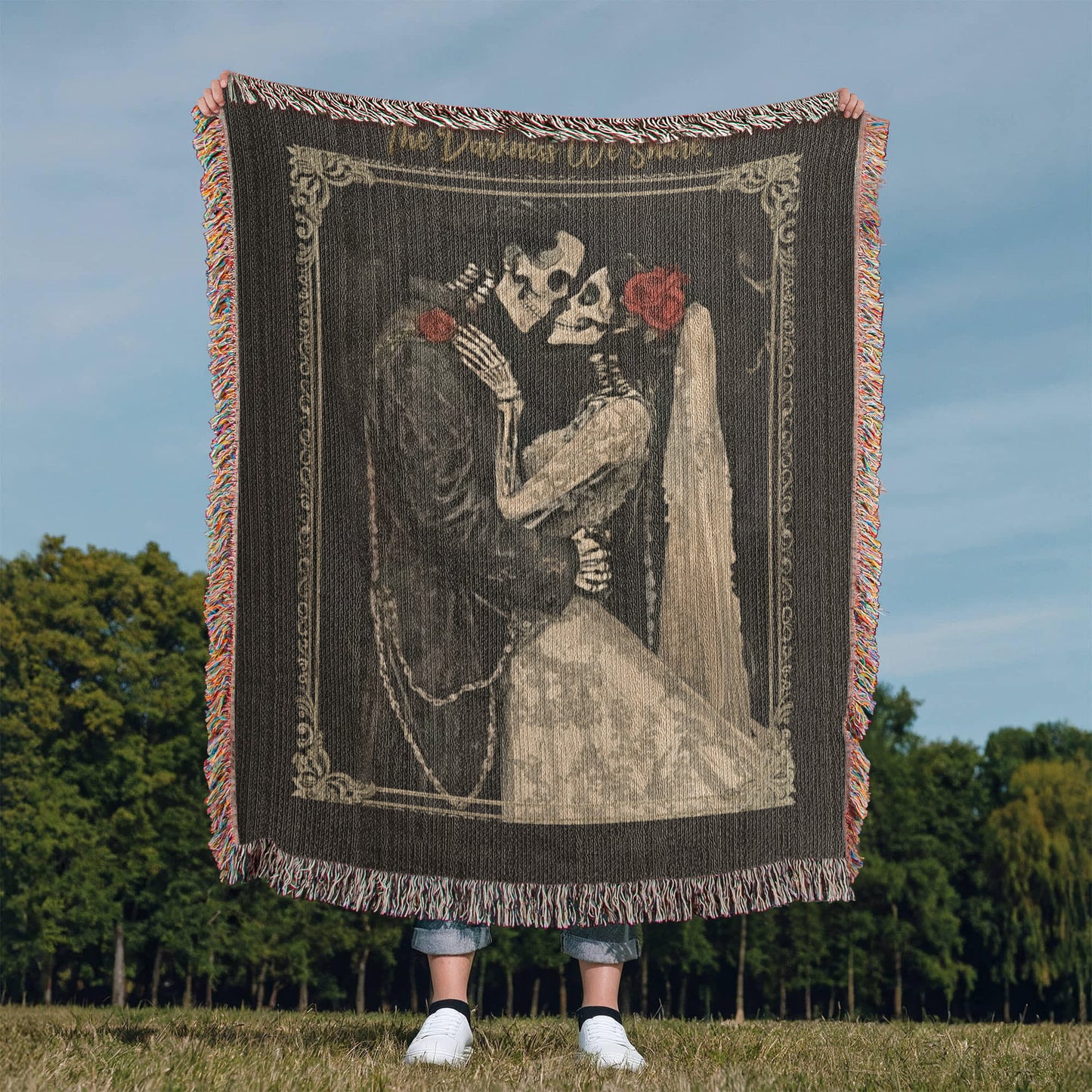 Gothic Valentine Woven Blanket – “The Darkness We Share” – Skeleton Couple Art Throw – Dark Romance Home Decor Gift