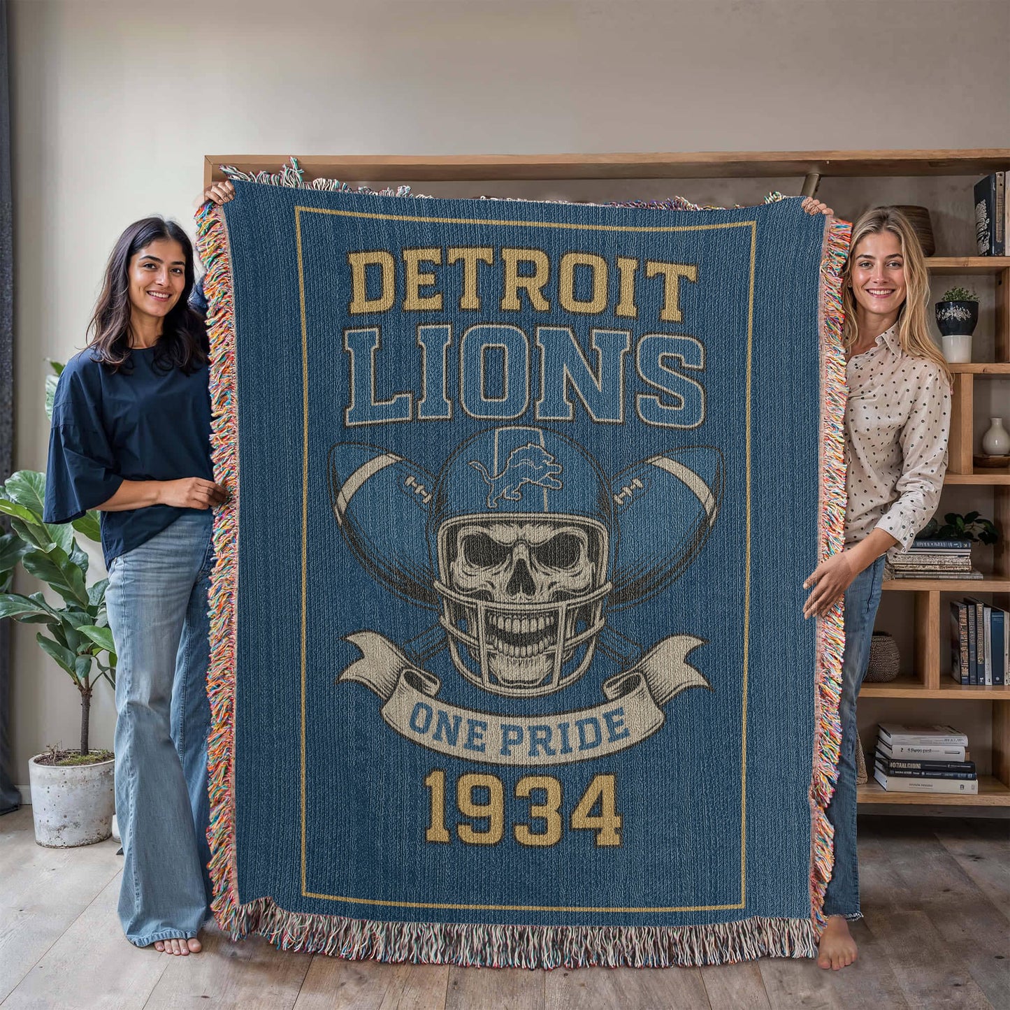 Detroit Lions Woven Blanket | One Pride Skull Football Throw | 1934 Edition