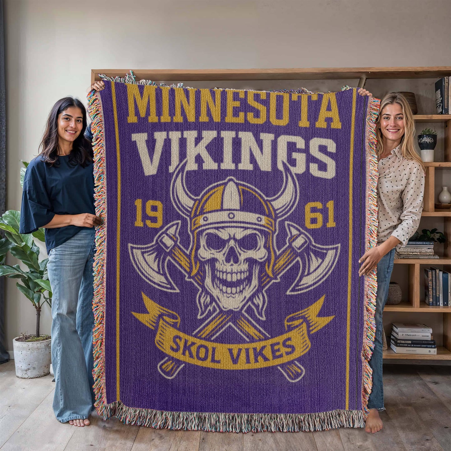 Minnesota Vikings Woven Blanket | Skol Vikes Viking Skull Throw | Football Fan Gift