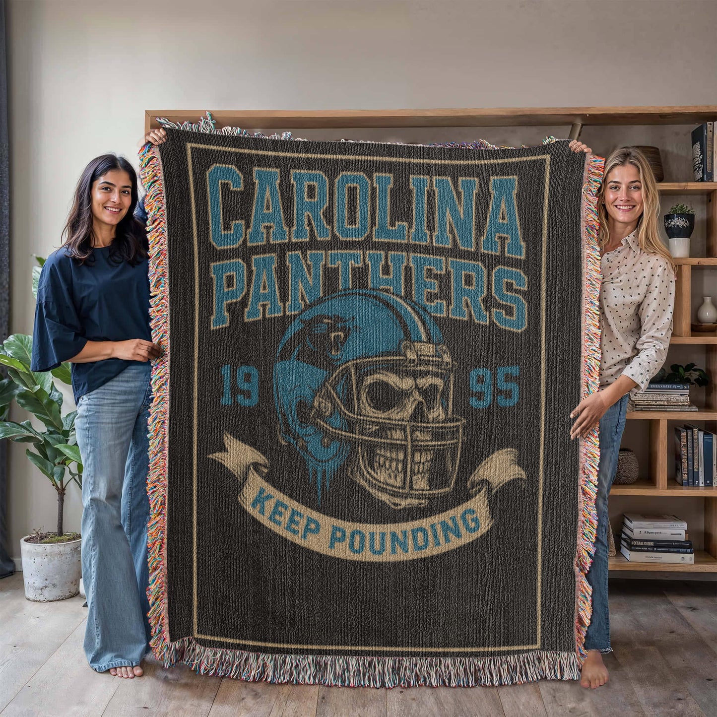 Carolina Panthers Woven Blanket – “Keep Pounding” Vintage Skull Helmet Design