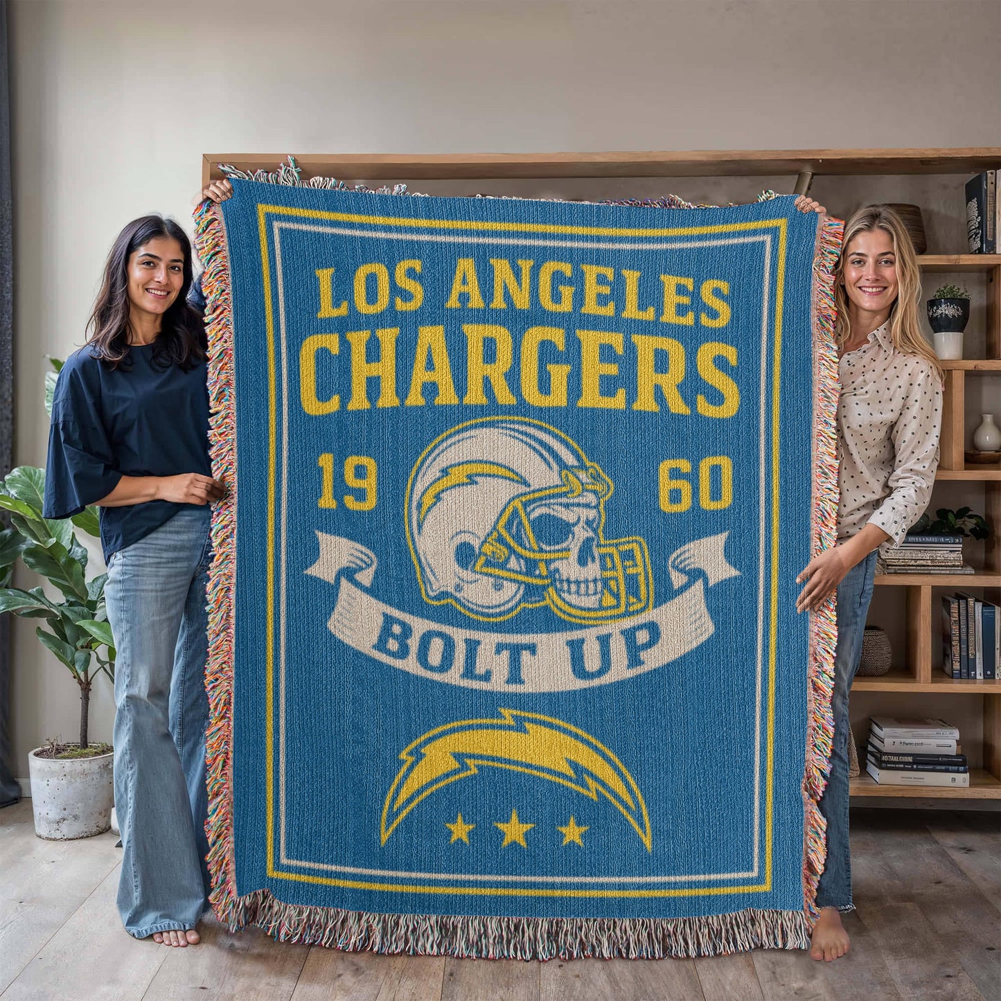 Los Angeles Chargers Woven Blanket | Bolt Up Skull Football Throw | Blue & Gold Edition