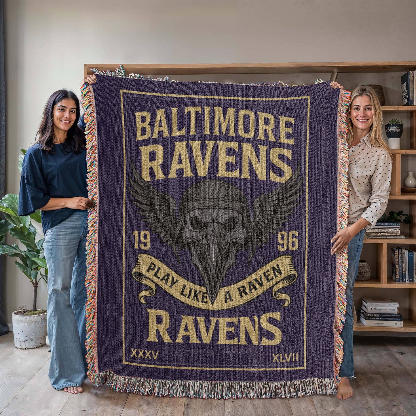 Baltimore Ravens Woven Blanket | Winged Skull Raven Football Throw | Super Bowl Champs