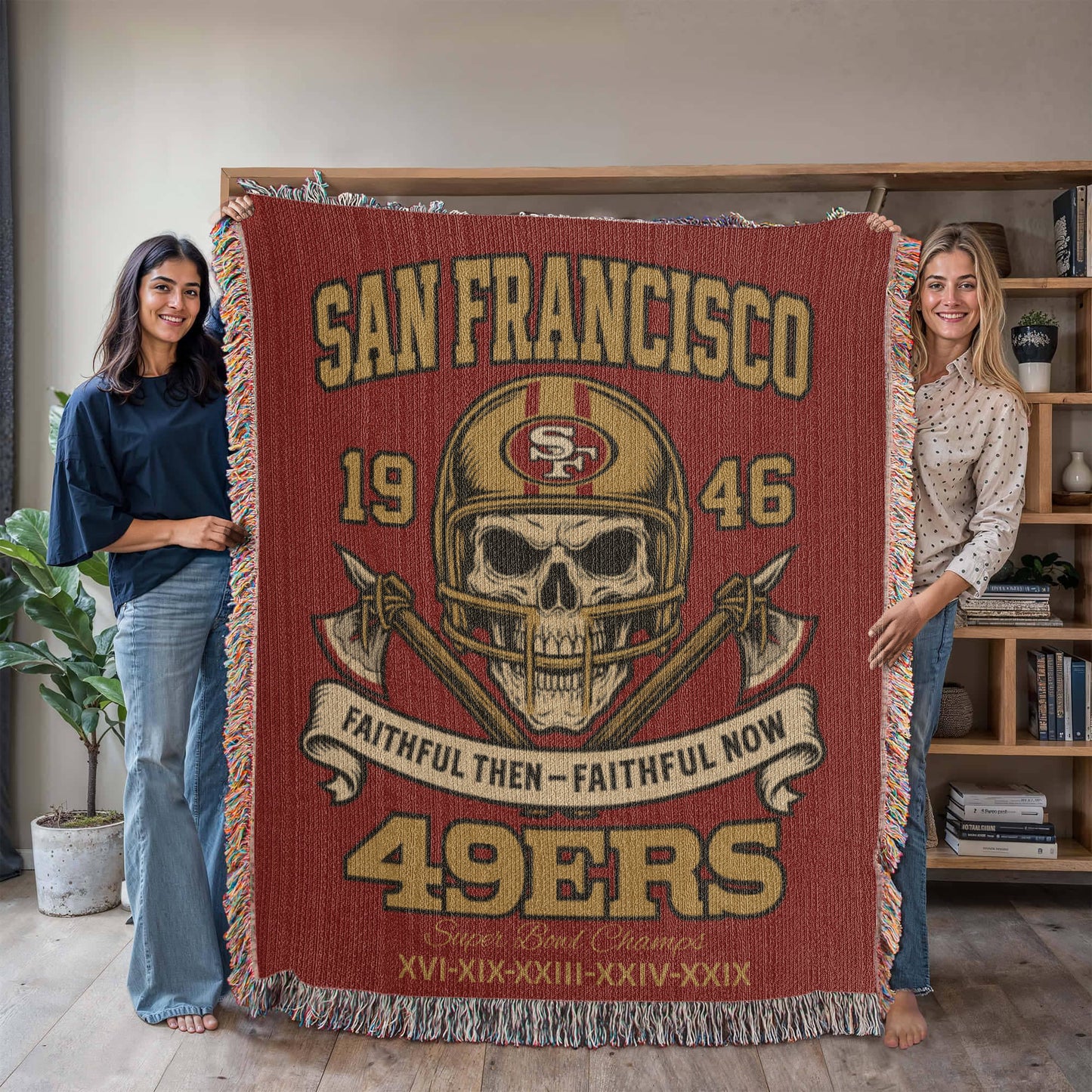 San Francisco 49ers Woven Blanket – “Faithful Then, Faithful Now” Vintage Skull Design