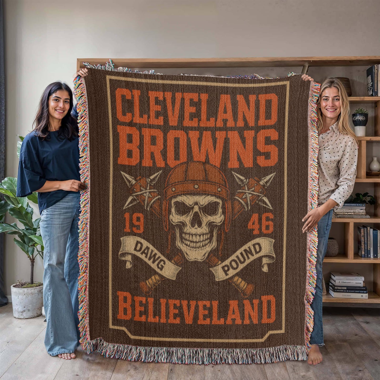 Cleveland Browns Woven Blanket | Dawg Pound Skull Football Throw | Believeland Edition