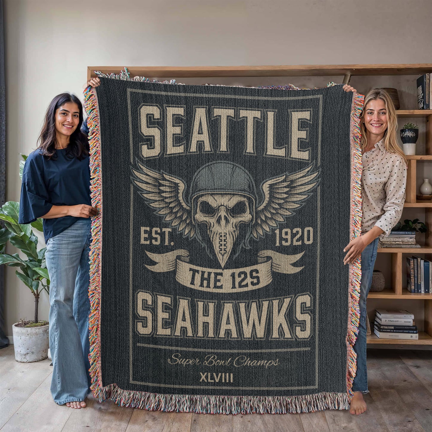 Seattle Seahawks Woven Blanket – “The 12s” Vintage Skull Wings Design
