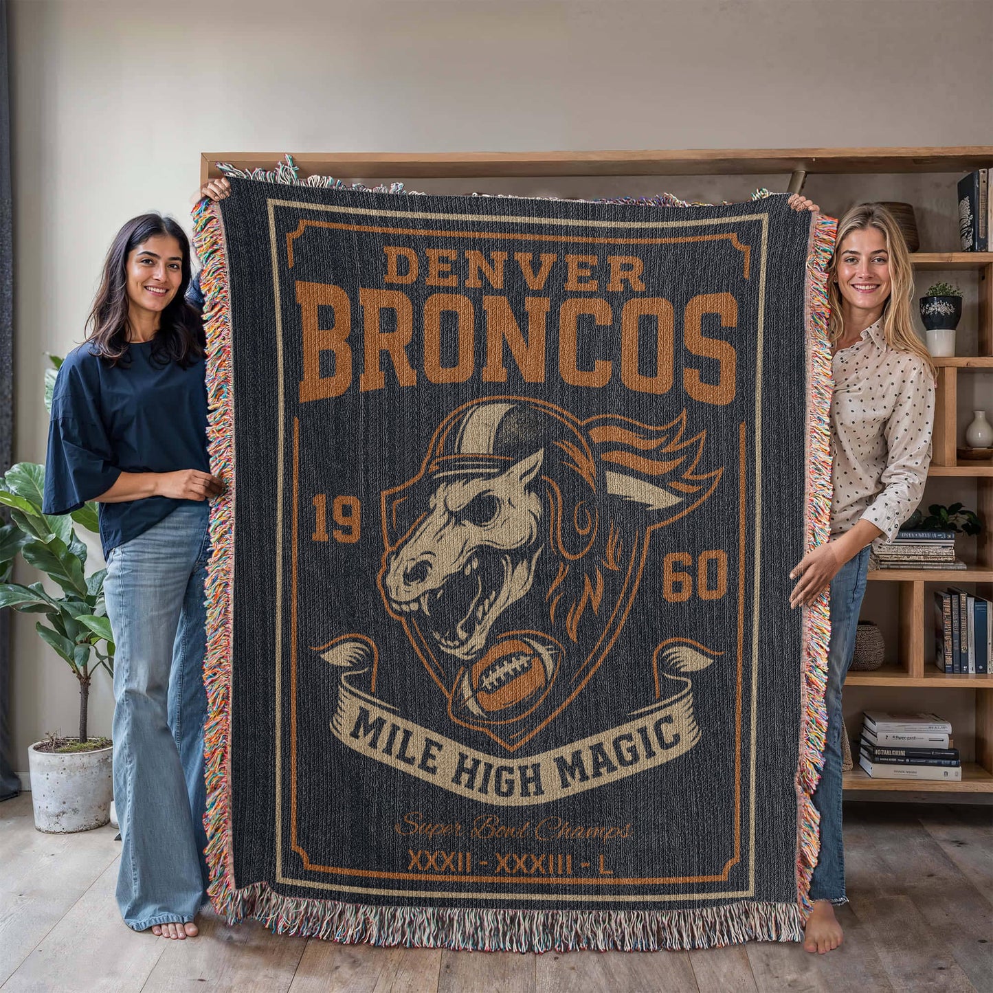 Denver Broncos Woven Blanket | Mile High Magic Skull Football Throw | Super Bowl Champs