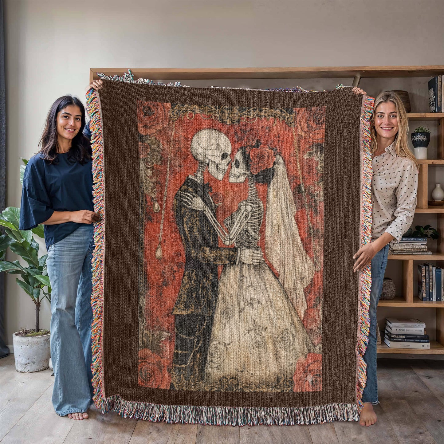 Gothic Skeleton Couple Woven Blanket – Romantic Dark Love Throw, Halloween Wedding Gift, Till Death Do Us Part Decor