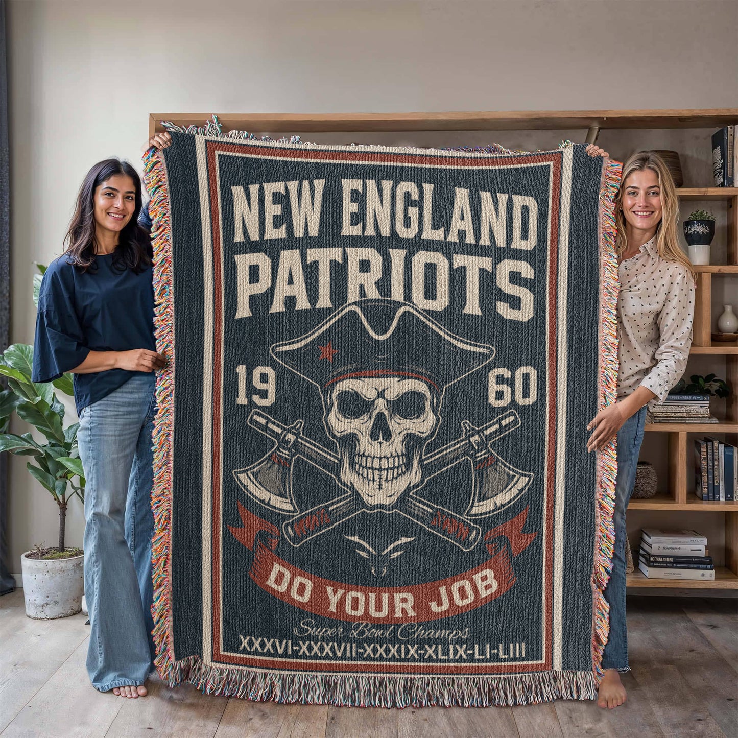 New England Patriots Woven Blanket | Skull Patriot & Crossed Hatchets | Super Bowl Champs