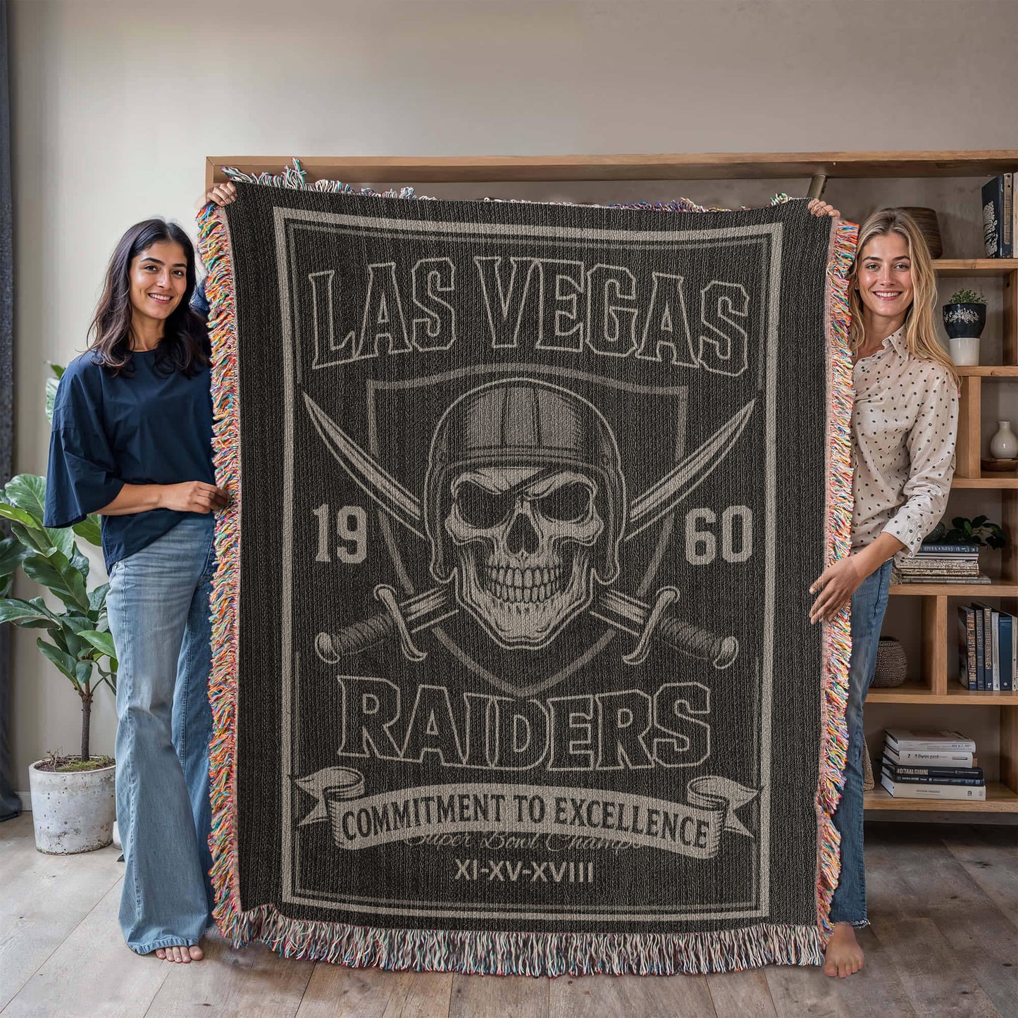 Las Vegas Raiders Woven Blanket | Skull Helmet & Swords Football Throw | Super Bowl XI • XV • XVIII