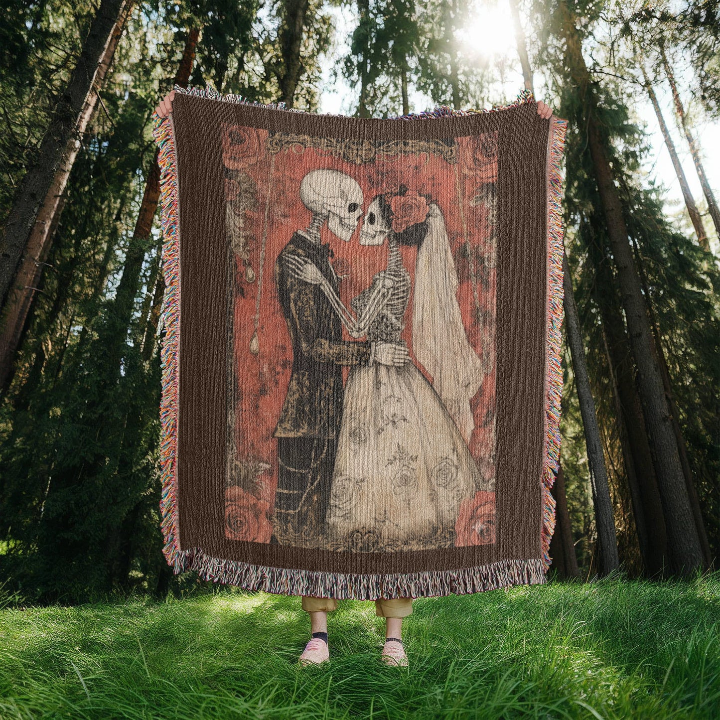 Gothic Skeleton Couple Woven Blanket – Romantic Dark Love Throw, Halloween Wedding Gift, Till Death Do Us Part Decor