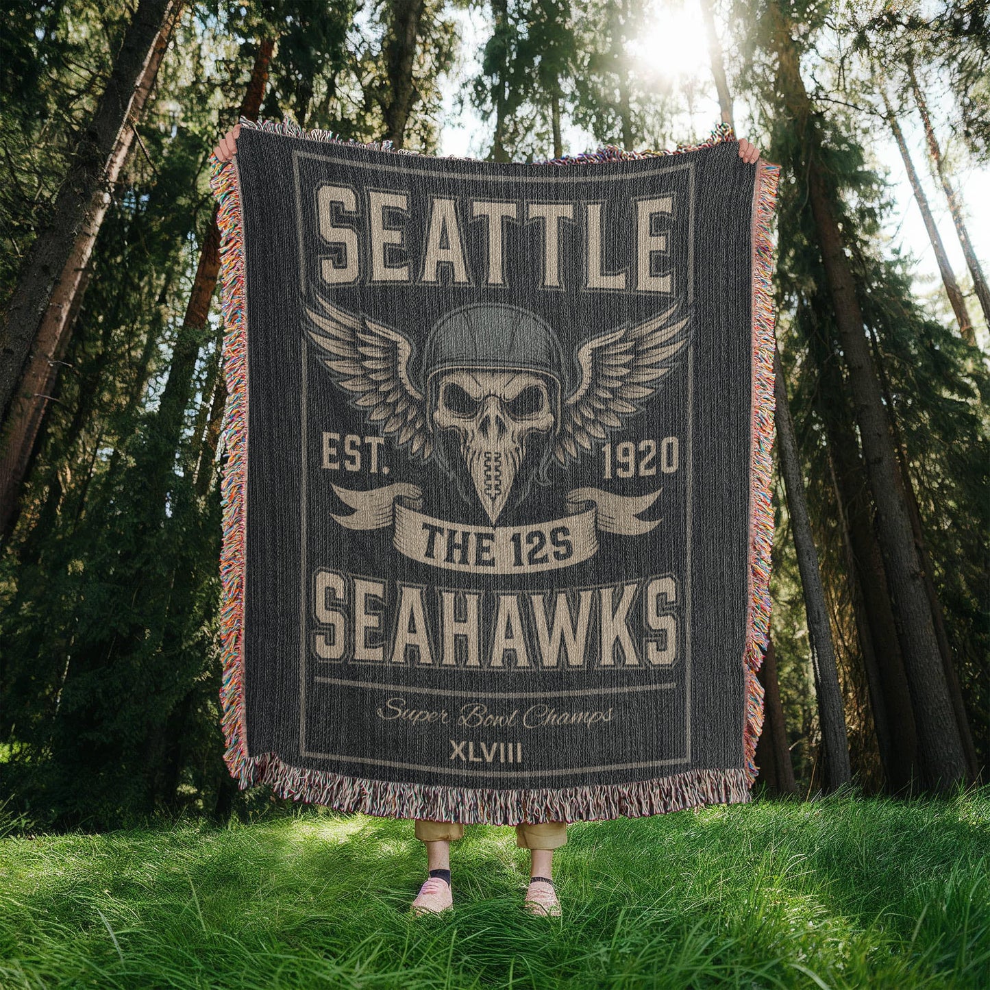 Seattle Seahawks Woven Blanket – “The 12s” Vintage Skull Wings Design