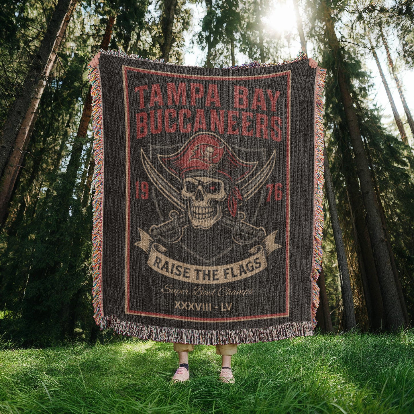 Tampa Bay Buccaneers Woven Blanket – “Raise the Flags” Vintage Pirate Skull (1976)