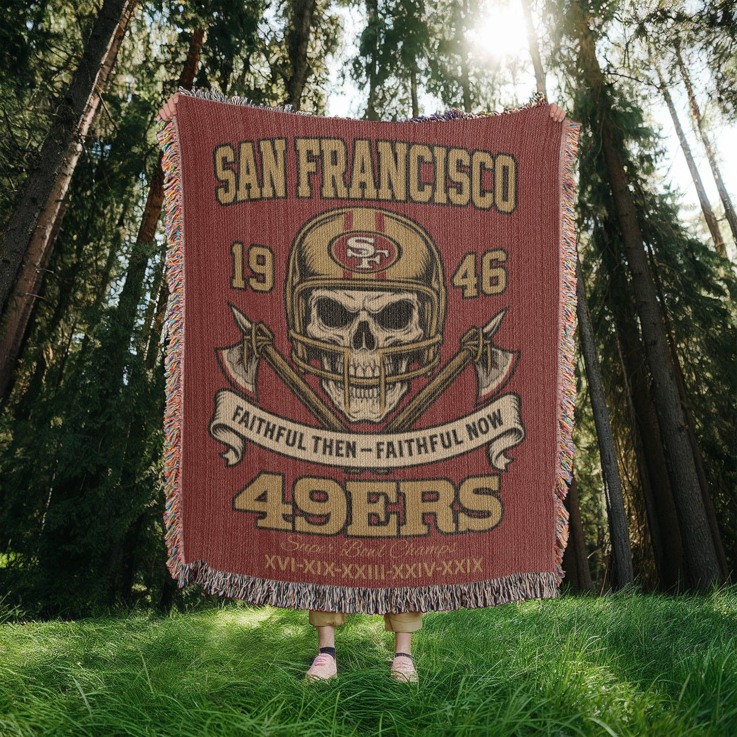 San Francisco 49ers Woven Blanket – “Faithful Then, Faithful Now” Vintage Skull Design