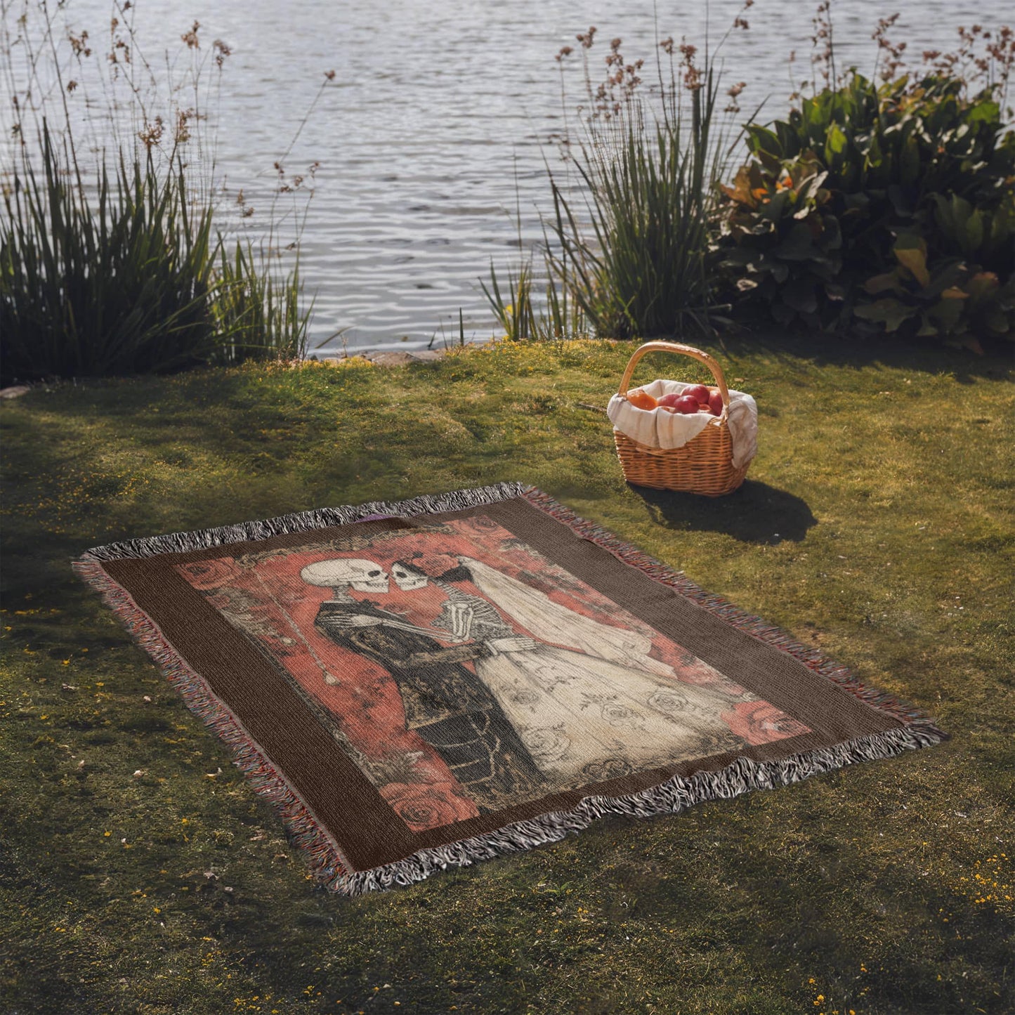 Gothic Skeleton Couple Woven Blanket – Romantic Dark Love Throw, Halloween Wedding Gift, Till Death Do Us Part Decor