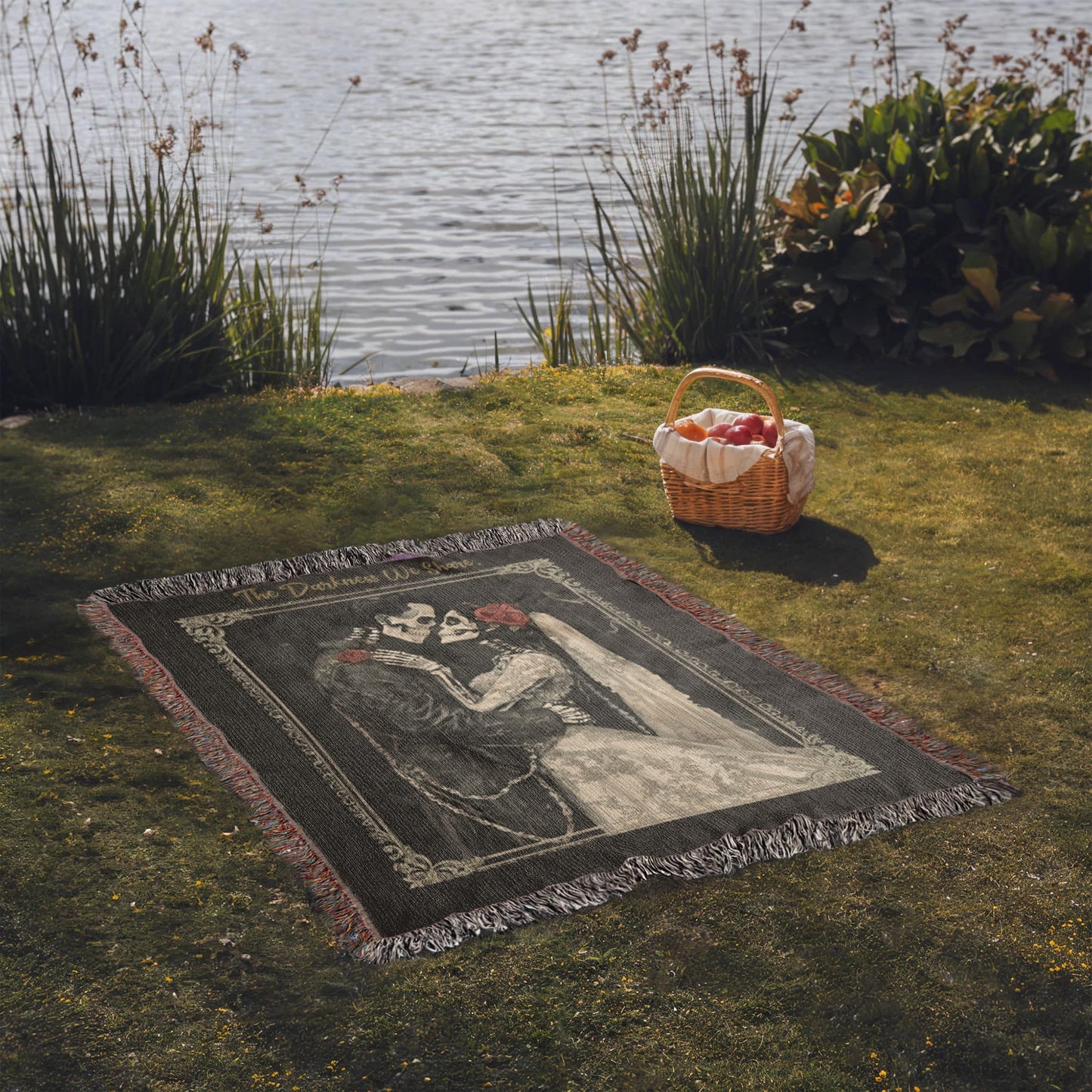 Gothic Valentine Woven Blanket – “The Darkness We Share” – Skeleton Couple Art Throw – Dark Romance Home Decor Gift