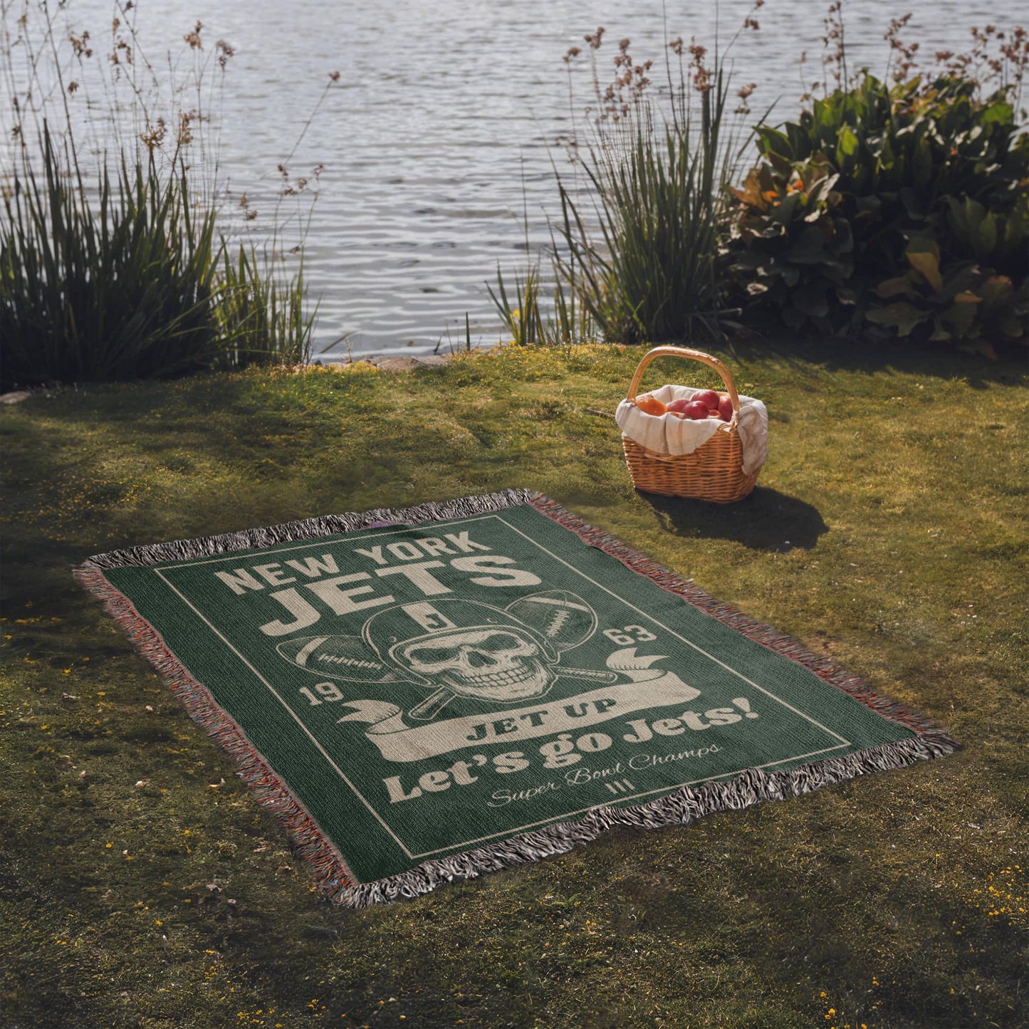 New York Jets Woven Blanket | Skull Helmet Football Throw | Super Bowl III Champions