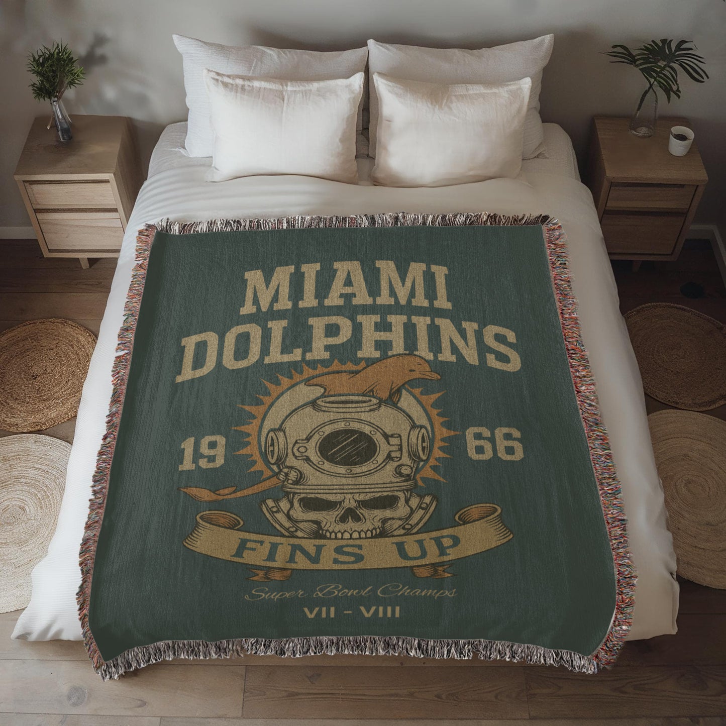 Miami Dolphins Woven Blanket | Fins Up Diver Skull Design | Super Bowl Champs VII & VIII
