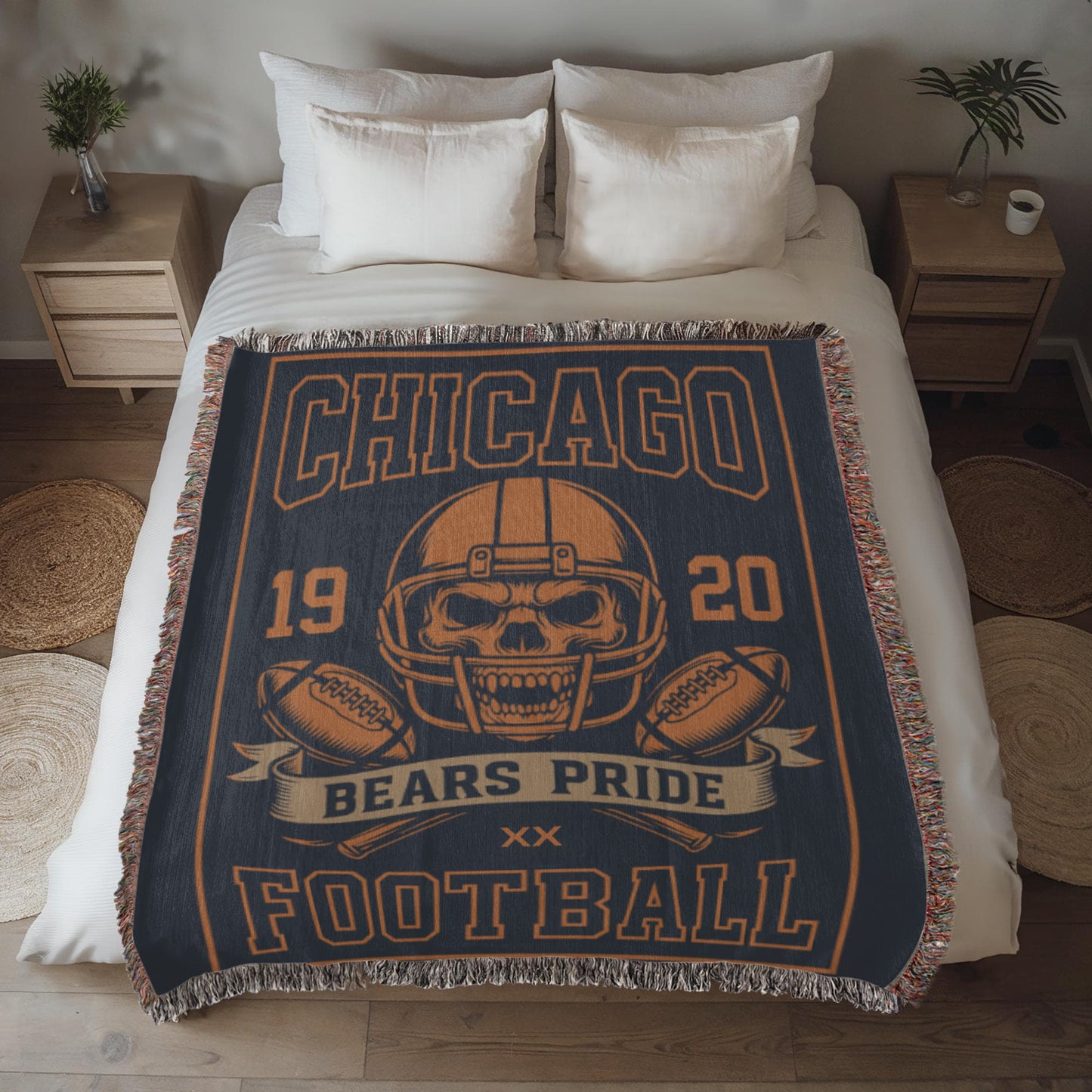 Chicago Bears Woven Blanket | Bears Pride Skull Football Throw | Fan Cave Decor