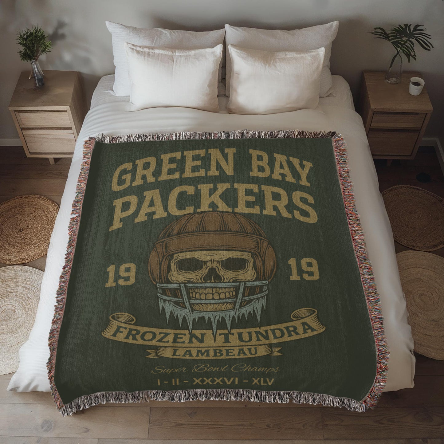 Green Bay Packers Woven Blanket | Frozen Tundra Lambeau Skull Football Throw | Super Bowl Champs