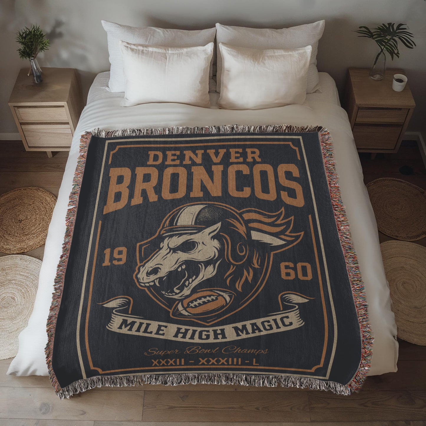 Denver Broncos Woven Blanket | Mile High Magic Skull Football Throw | Super Bowl Champs
