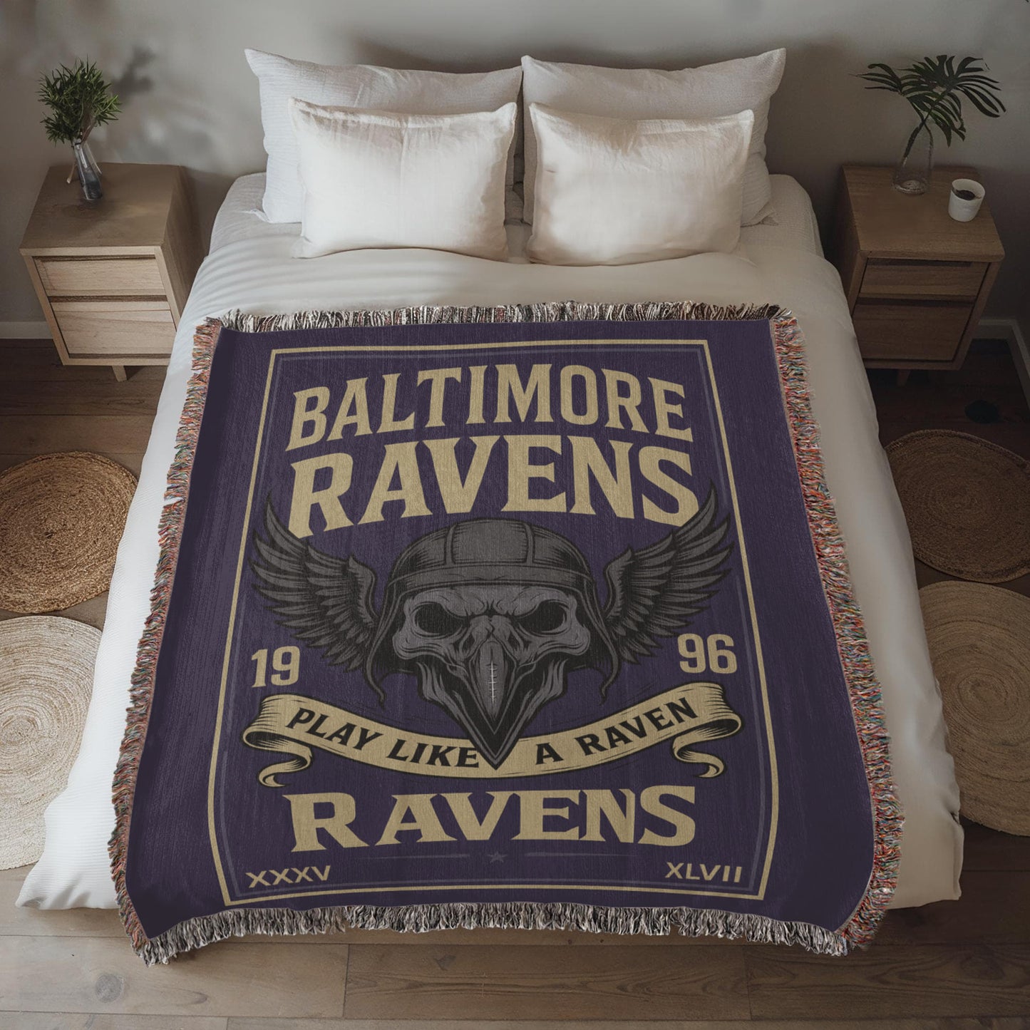 Baltimore Ravens Woven Blanket | Winged Skull Raven Football Throw | Super Bowl Champs