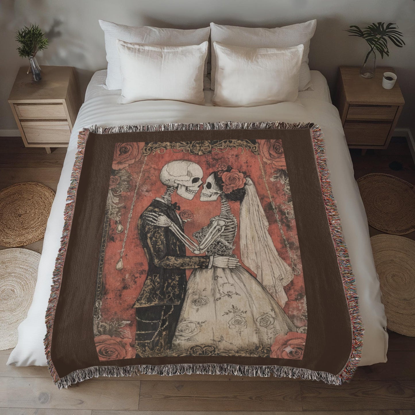 Gothic Skeleton Couple Woven Blanket – Romantic Dark Love Throw, Halloween Wedding Gift, Till Death Do Us Part Decor