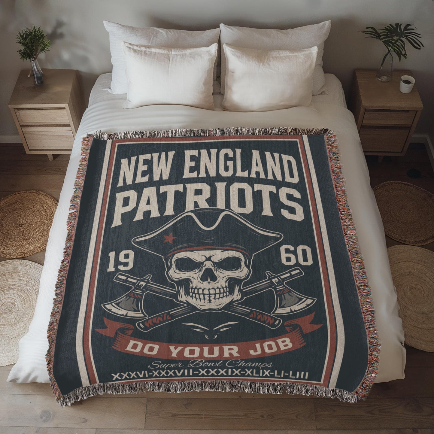 New England Patriots Woven Blanket | Skull Patriot & Crossed Hatchets | Super Bowl Champs