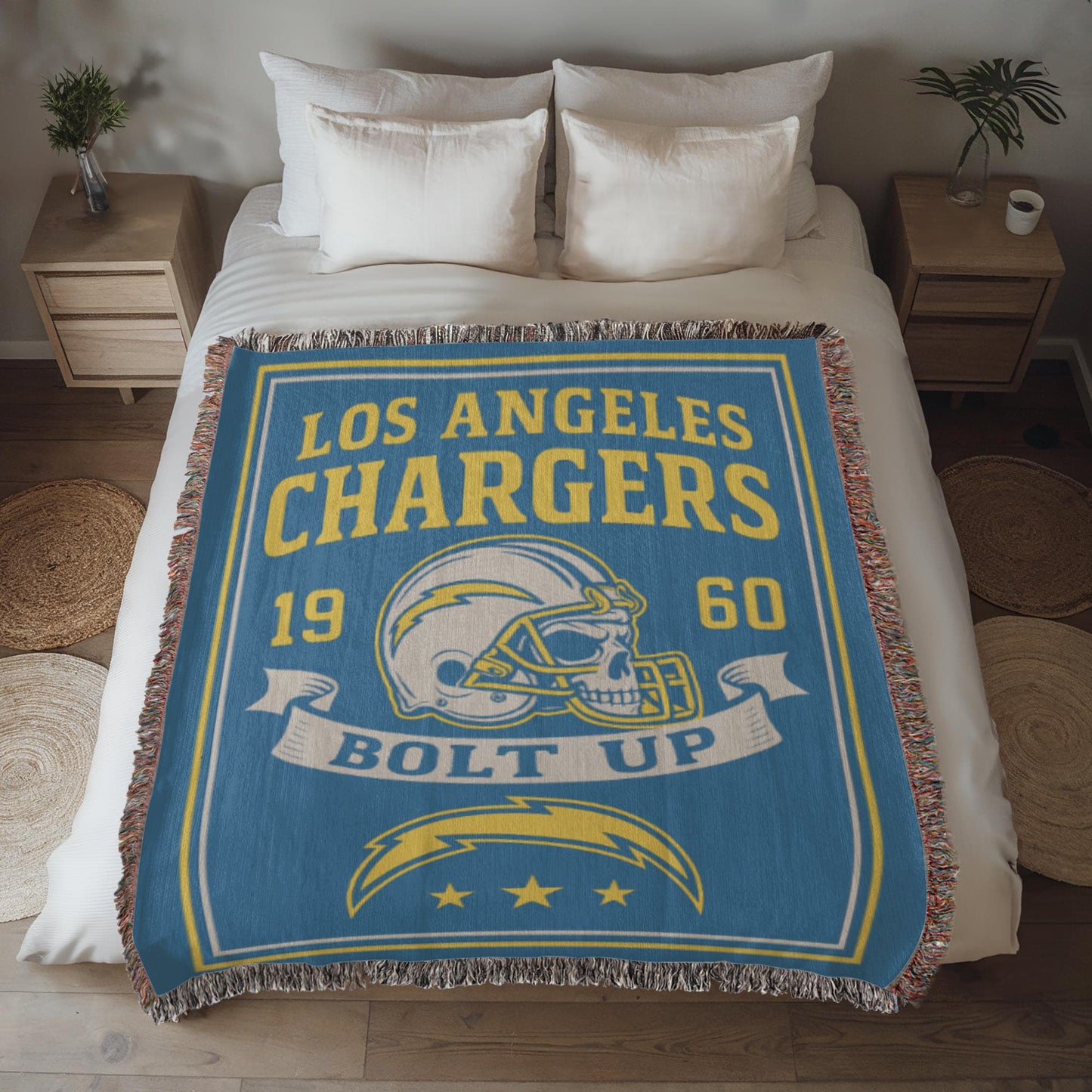 Los Angeles Chargers Woven Blanket | Bolt Up Skull Football Throw | Blue & Gold Edition