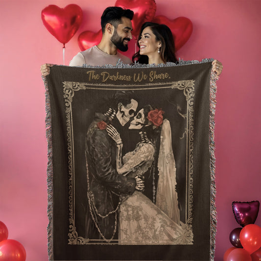 Gothic Valentine Woven Blanket – “The Darkness We Share” – Skeleton Couple Art Throw – Dark Romance Home Decor Gift