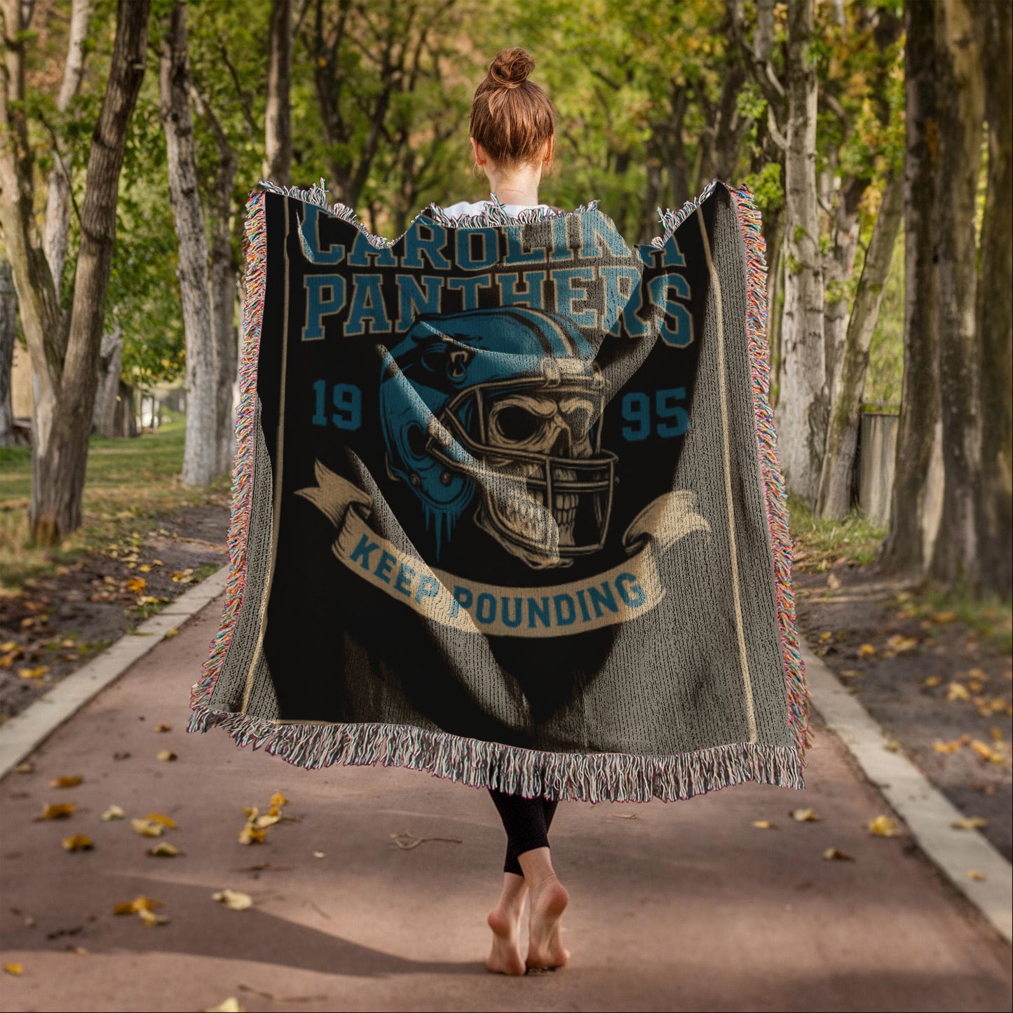 Carolina Panthers Woven Blanket – “Keep Pounding” Vintage Skull Helmet Design