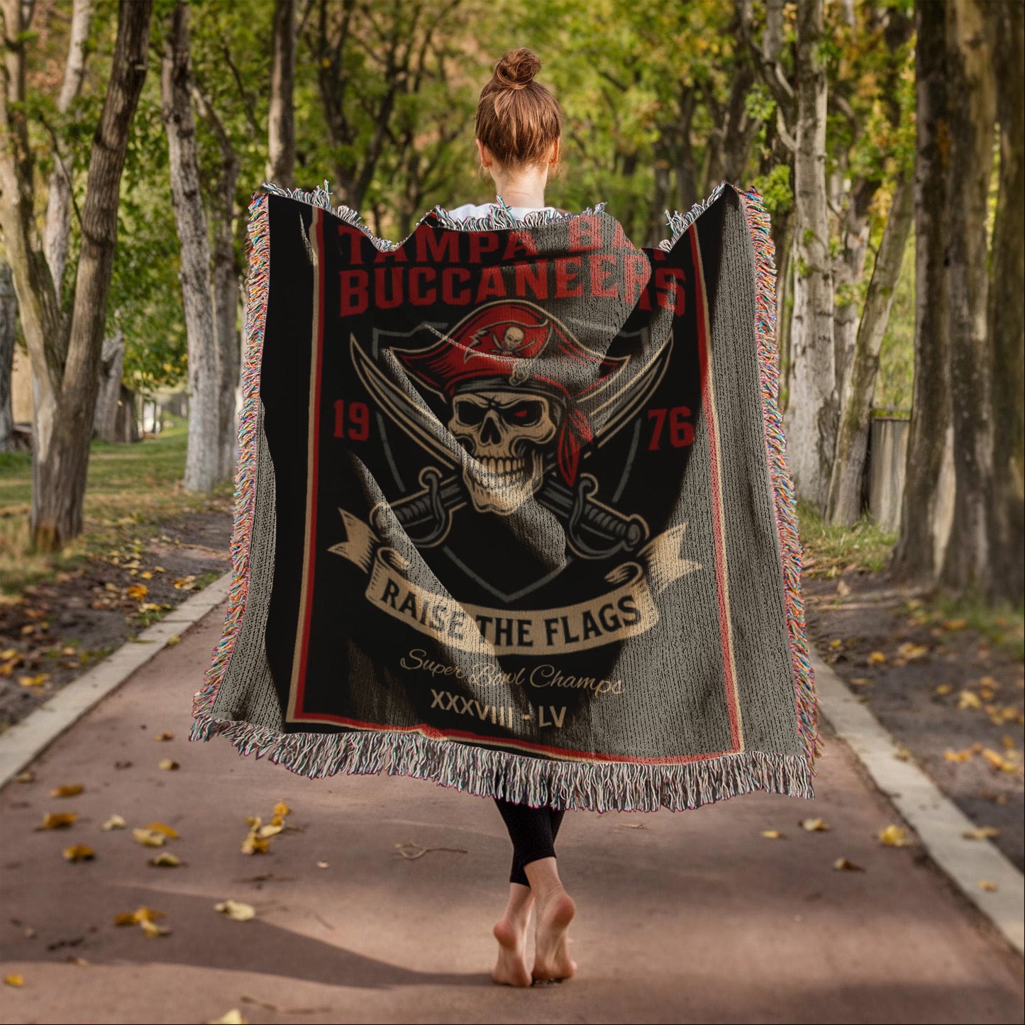 Tampa Bay Buccaneers Woven Blanket – “Raise the Flags” Vintage Pirate Skull (1976)