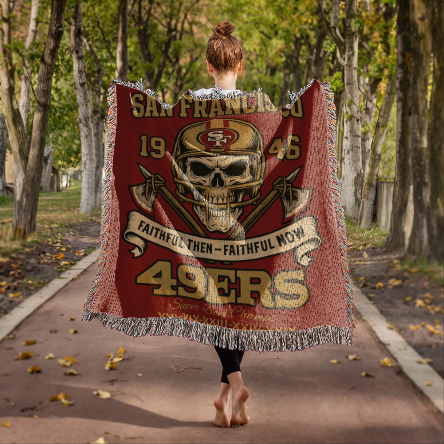 San Francisco 49ers Woven Blanket – “Faithful Then, Faithful Now” Vintage Skull Design
