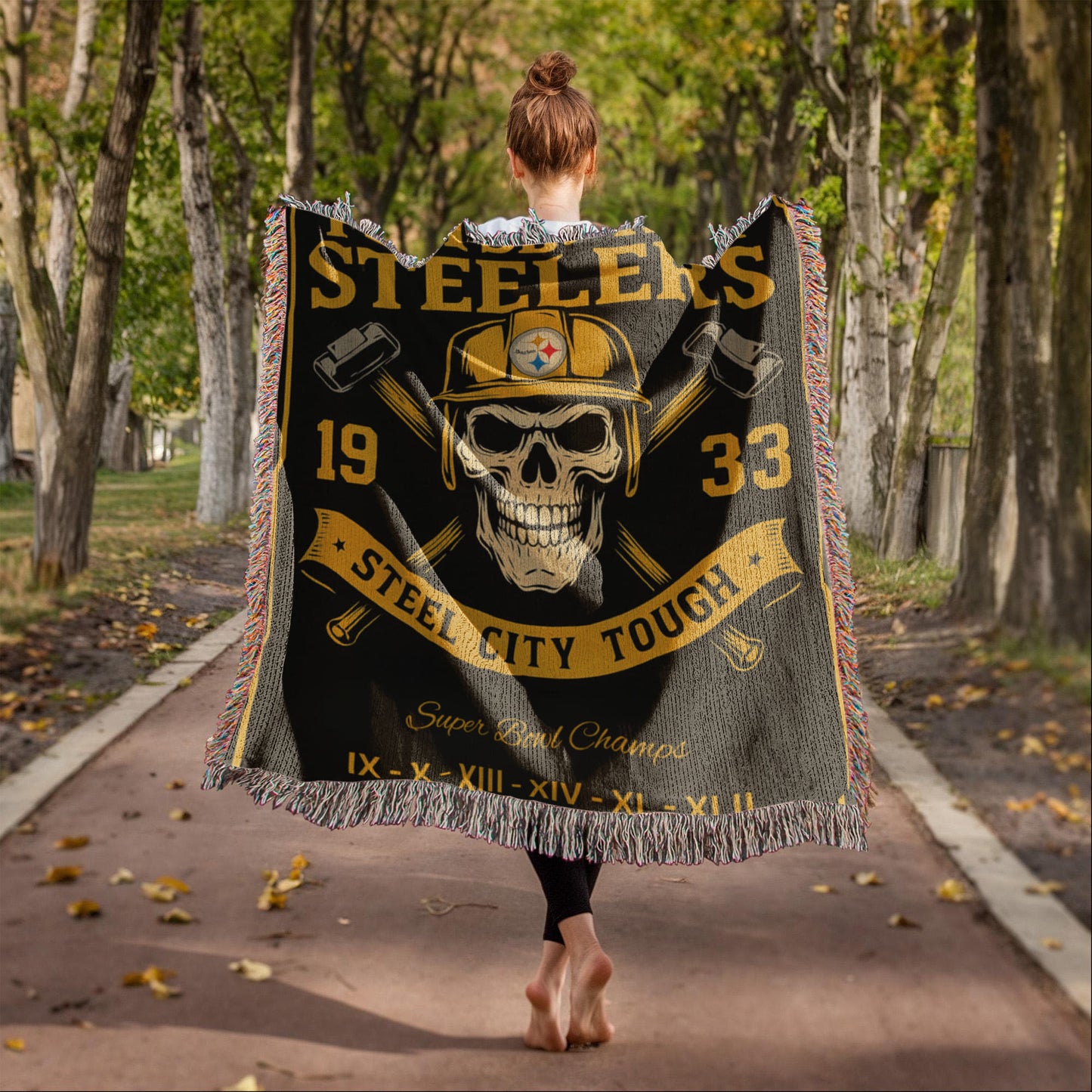 Pittsburgh Steelers Woven Blanket | Steel City Tough Skull Hardhat Throw | Super Bowl Champions