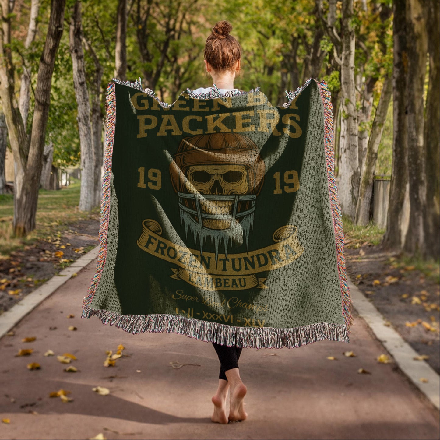 Green Bay Packers Woven Blanket | Frozen Tundra Lambeau Skull Football Throw | Super Bowl Champs