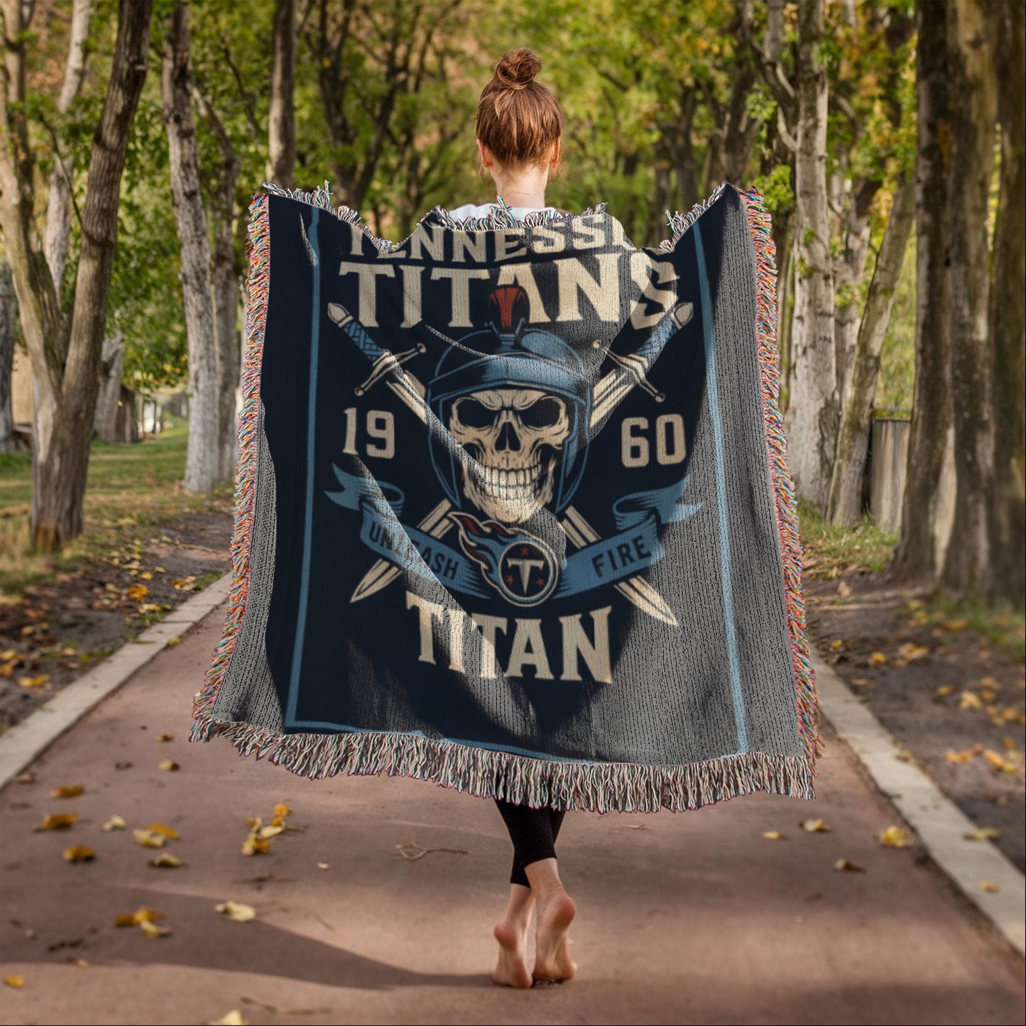 Tennessee Titans Woven Blanket | Unleash Fire Skull Helmet Throw | Sword & Shield Design