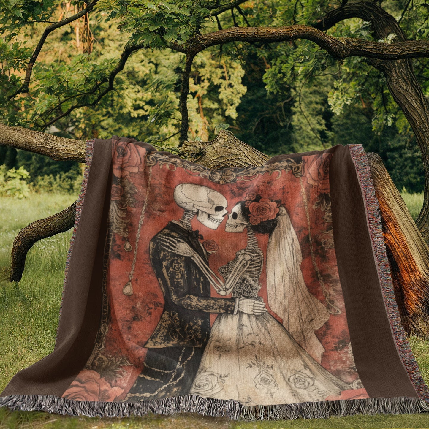 Gothic Skeleton Couple Woven Blanket – Romantic Dark Love Throw, Halloween Wedding Gift, Till Death Do Us Part Decor