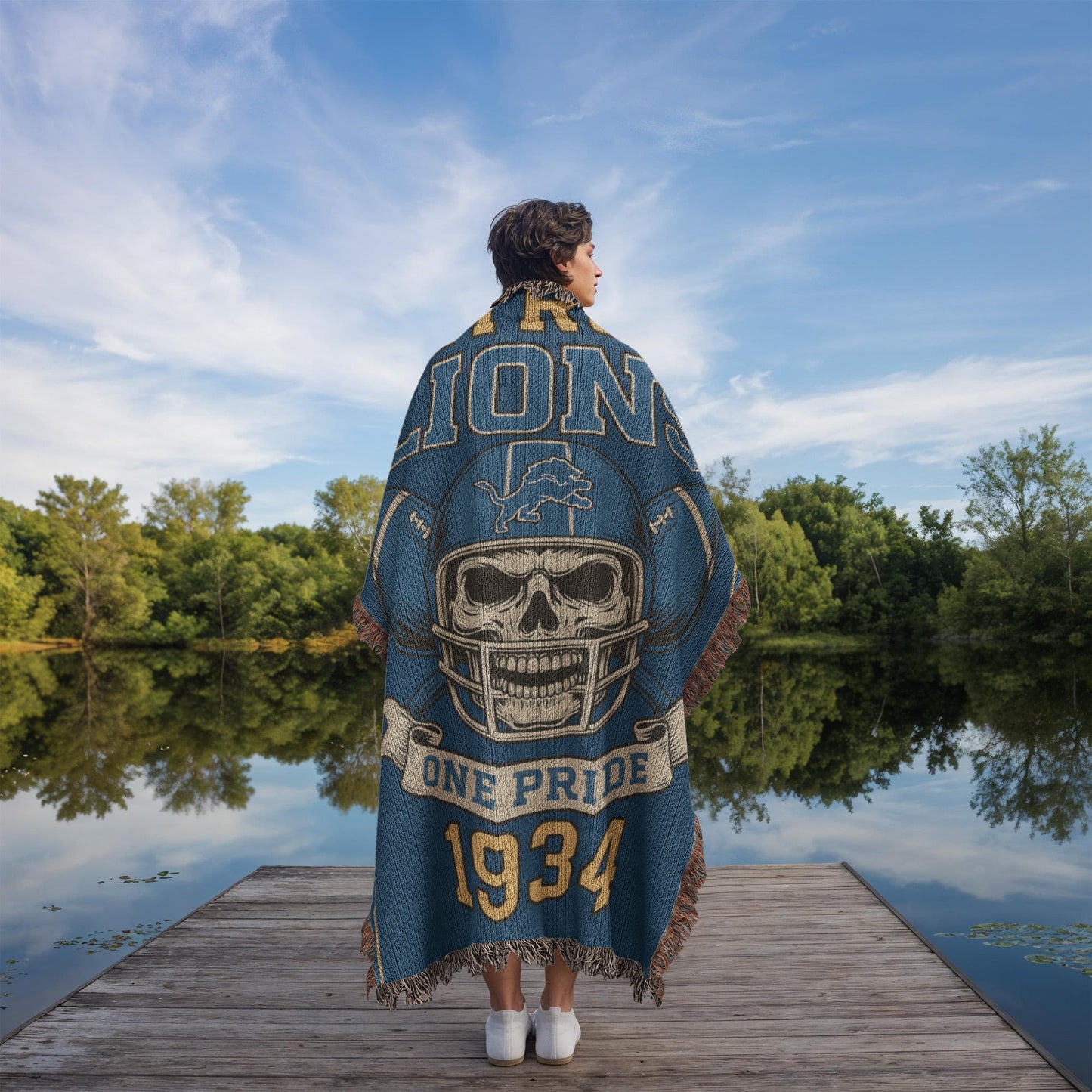 Detroit Lions Woven Blanket | One Pride Skull Football Throw | 1934 Edition