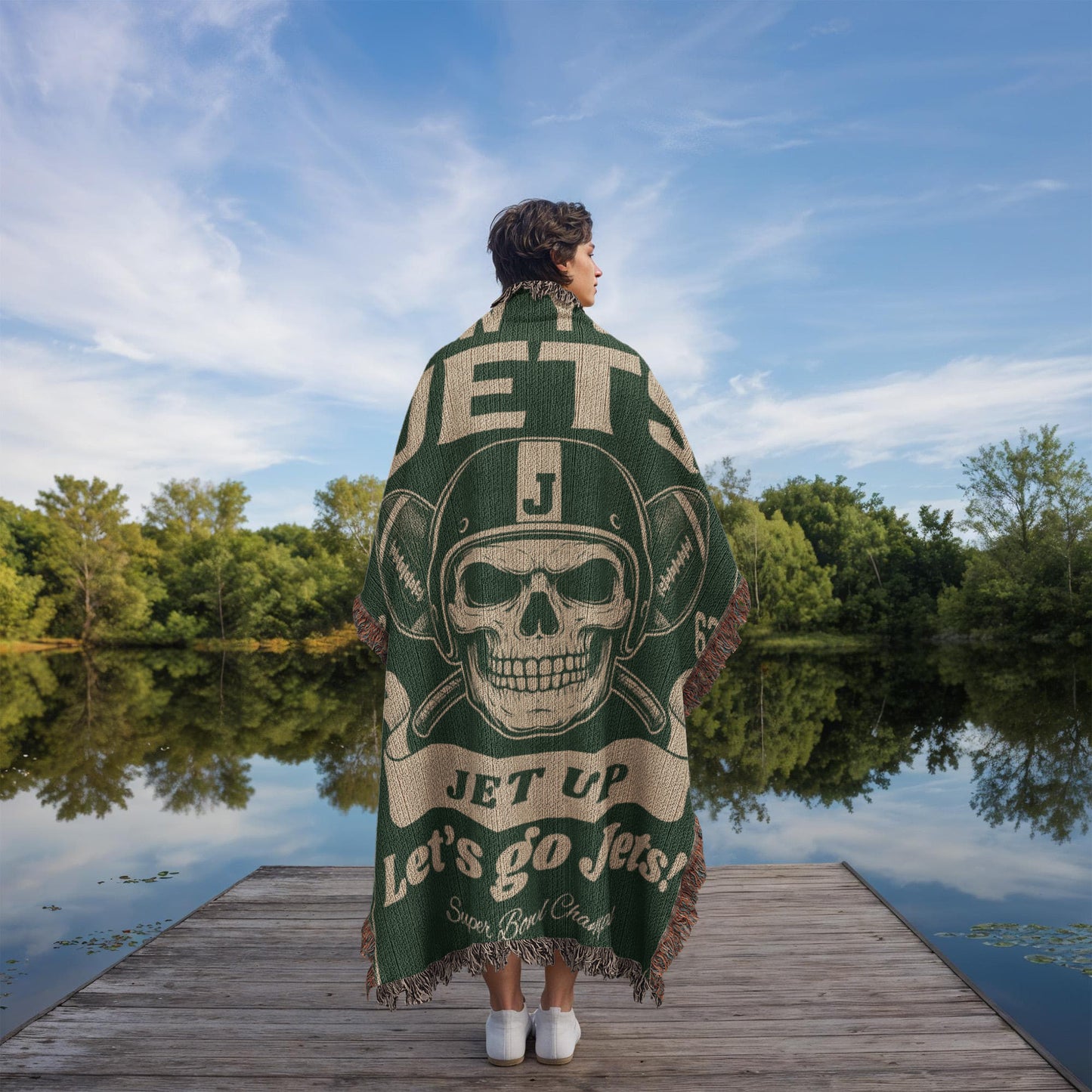 New York Jets Woven Blanket | Skull Helmet Football Throw | Super Bowl III Champions