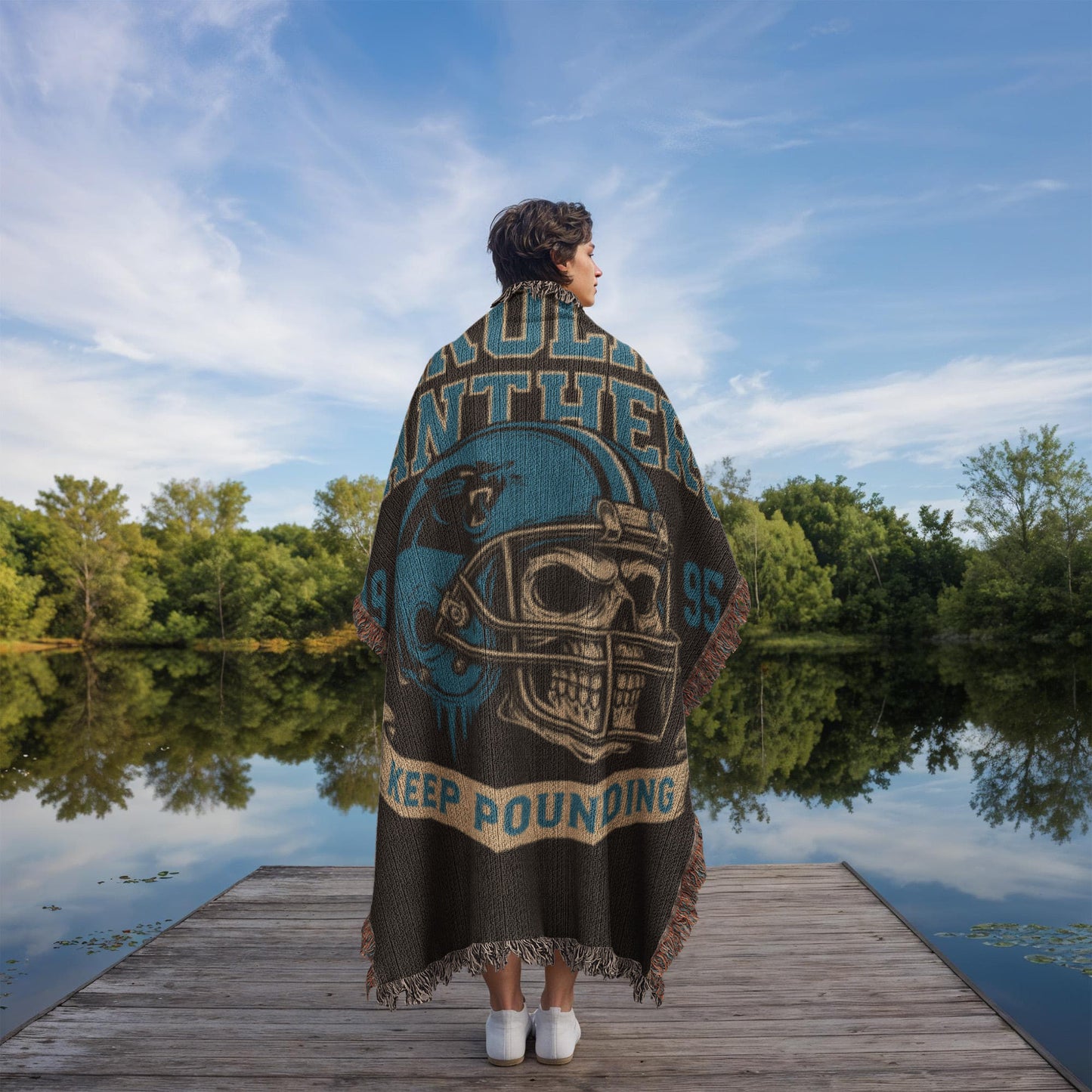 Carolina Panthers Woven Blanket – “Keep Pounding” Vintage Skull Helmet Design