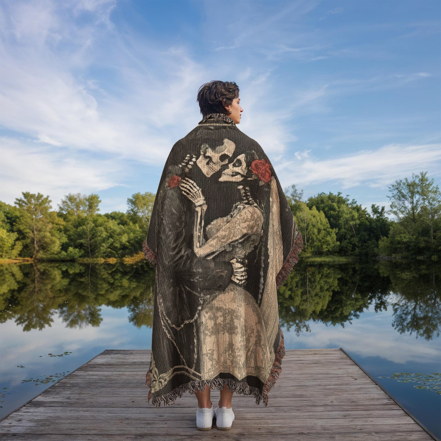 Gothic Valentine Woven Blanket – “The Darkness We Share” – Skeleton Couple Art Throw – Dark Romance Home Decor Gift