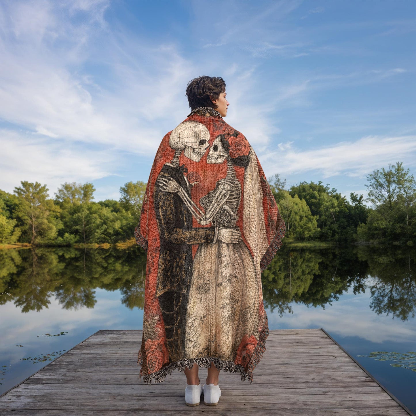 Gothic Skeleton Couple Woven Blanket – Romantic Dark Love Throw, Halloween Wedding Gift, Till Death Do Us Part Decor