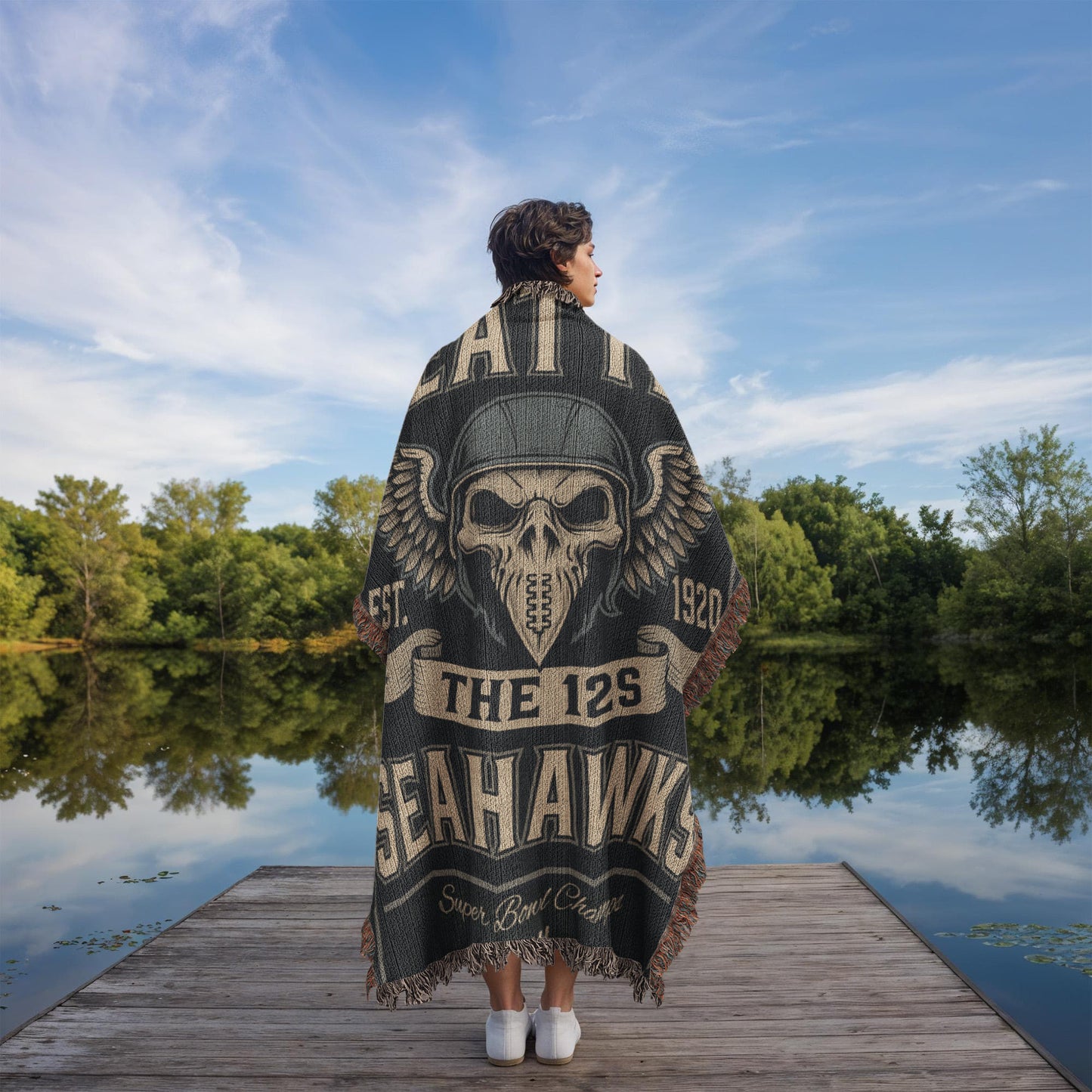 Seattle Seahawks Woven Blanket – “The 12s” Vintage Skull Wings Design