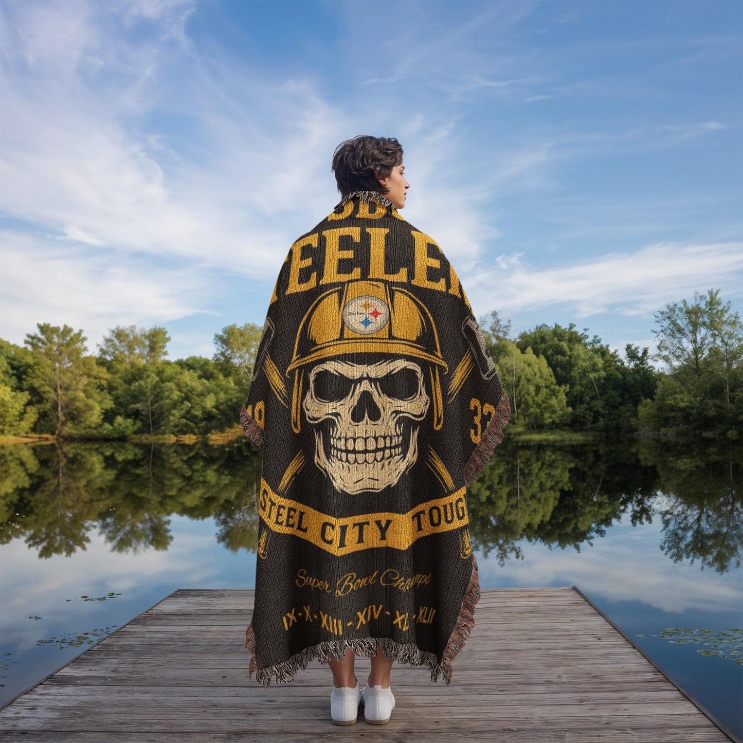 Pittsburgh Steelers Woven Blanket | Steel City Tough Skull Hardhat Throw | Super Bowl Champions