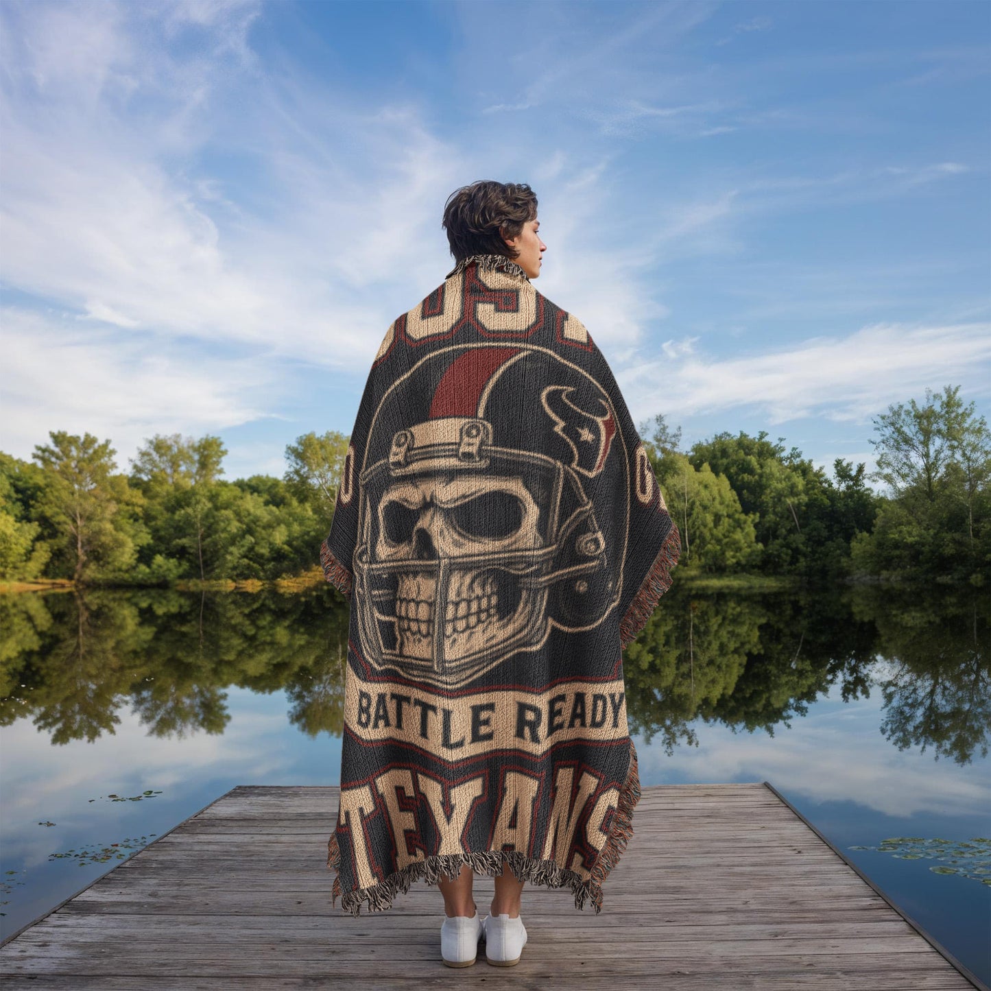 Houston Texans Woven Blanket | Battle Ready Skull Football Throw | Red, White & Blue Edition