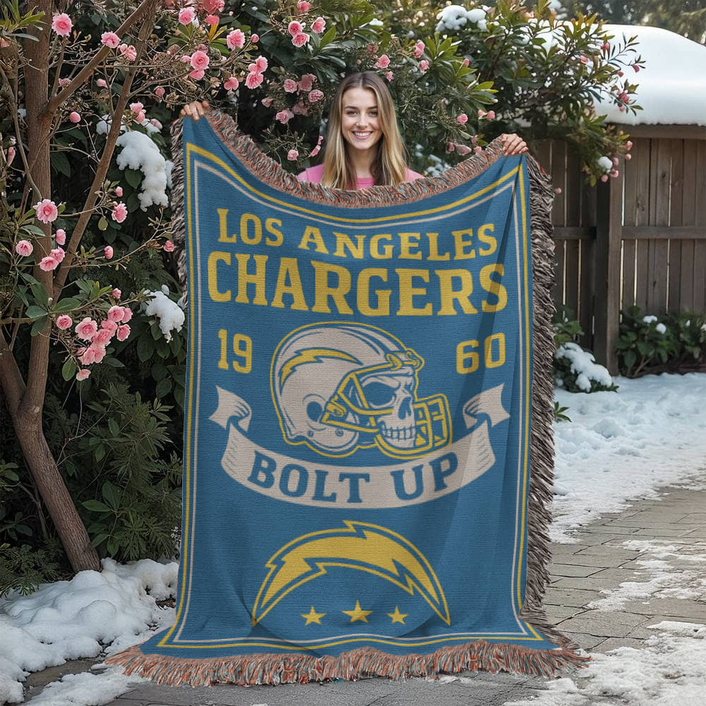 Los Angeles Chargers Woven Blanket | Bolt Up Skull Football Throw | Blue & Gold Edition