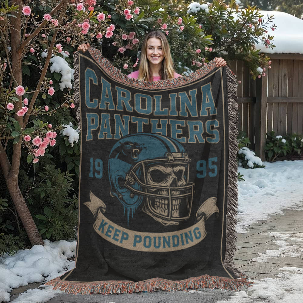 Carolina Panthers Woven Blanket – “Keep Pounding” Vintage Skull Helmet Design